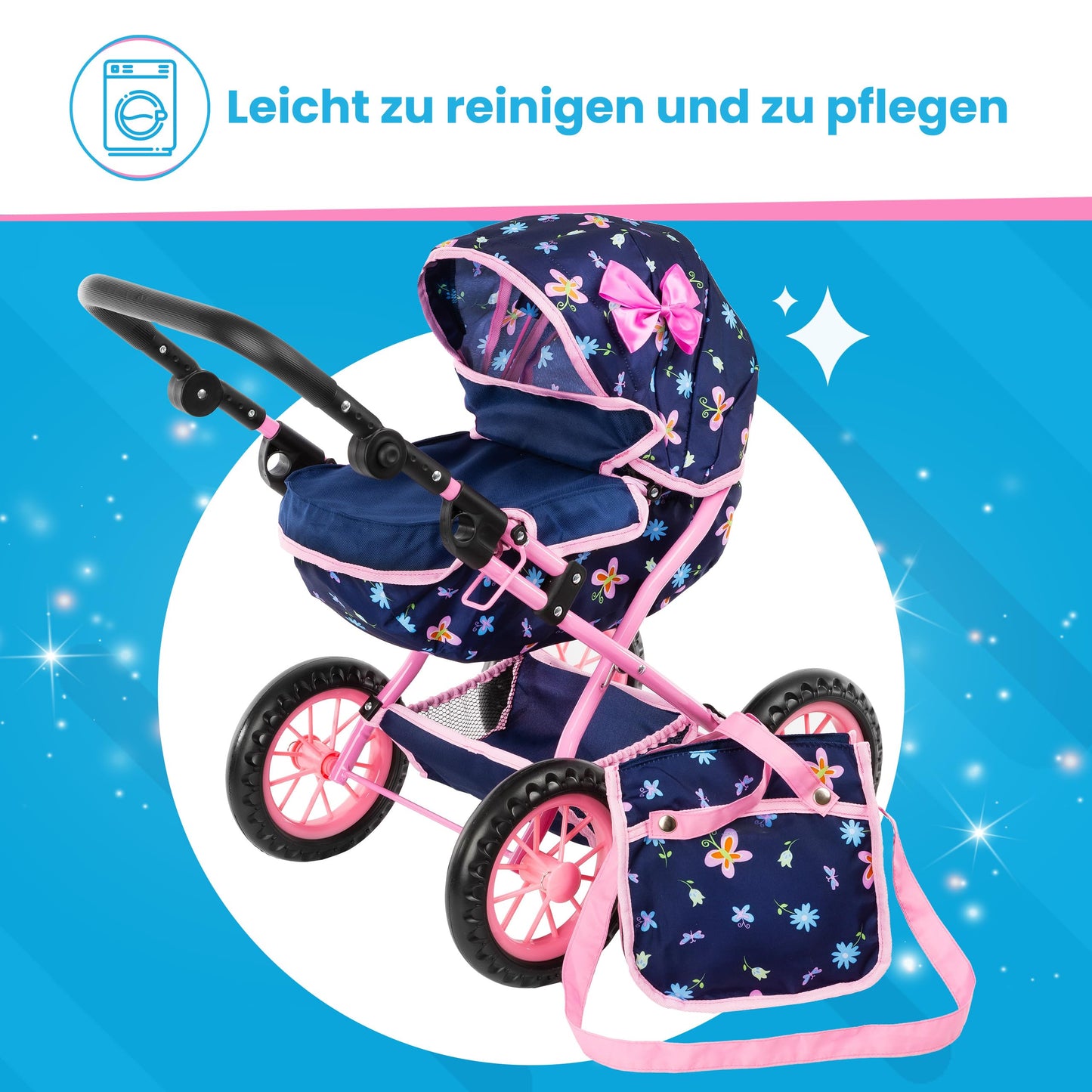 Kinderplay Adjustable Doll Stroller KP0262I – Lightweight, Foldable Hood, 16-Inch Doll Compatibility