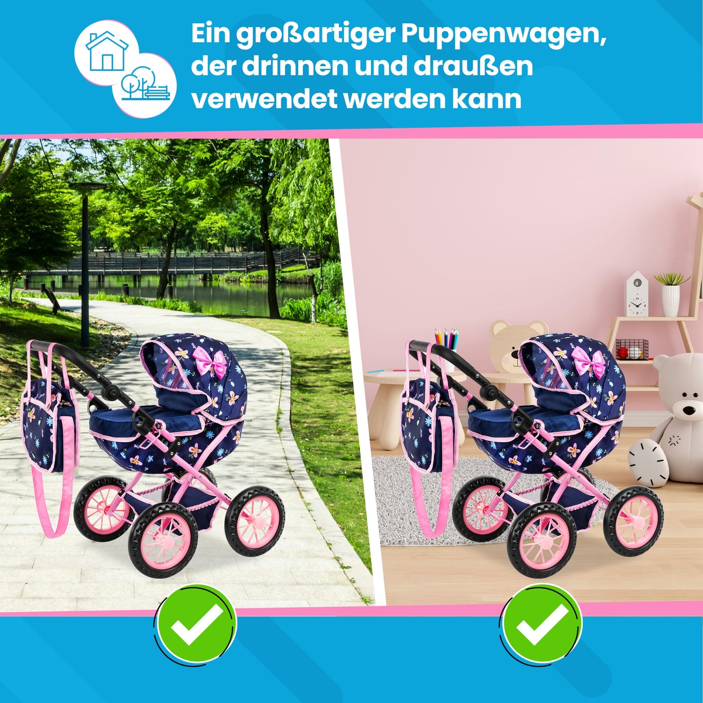 Kinderplay Adjustable Doll Stroller KP0262I – Lightweight, Foldable Hood, 16-Inch Doll Compatibility
