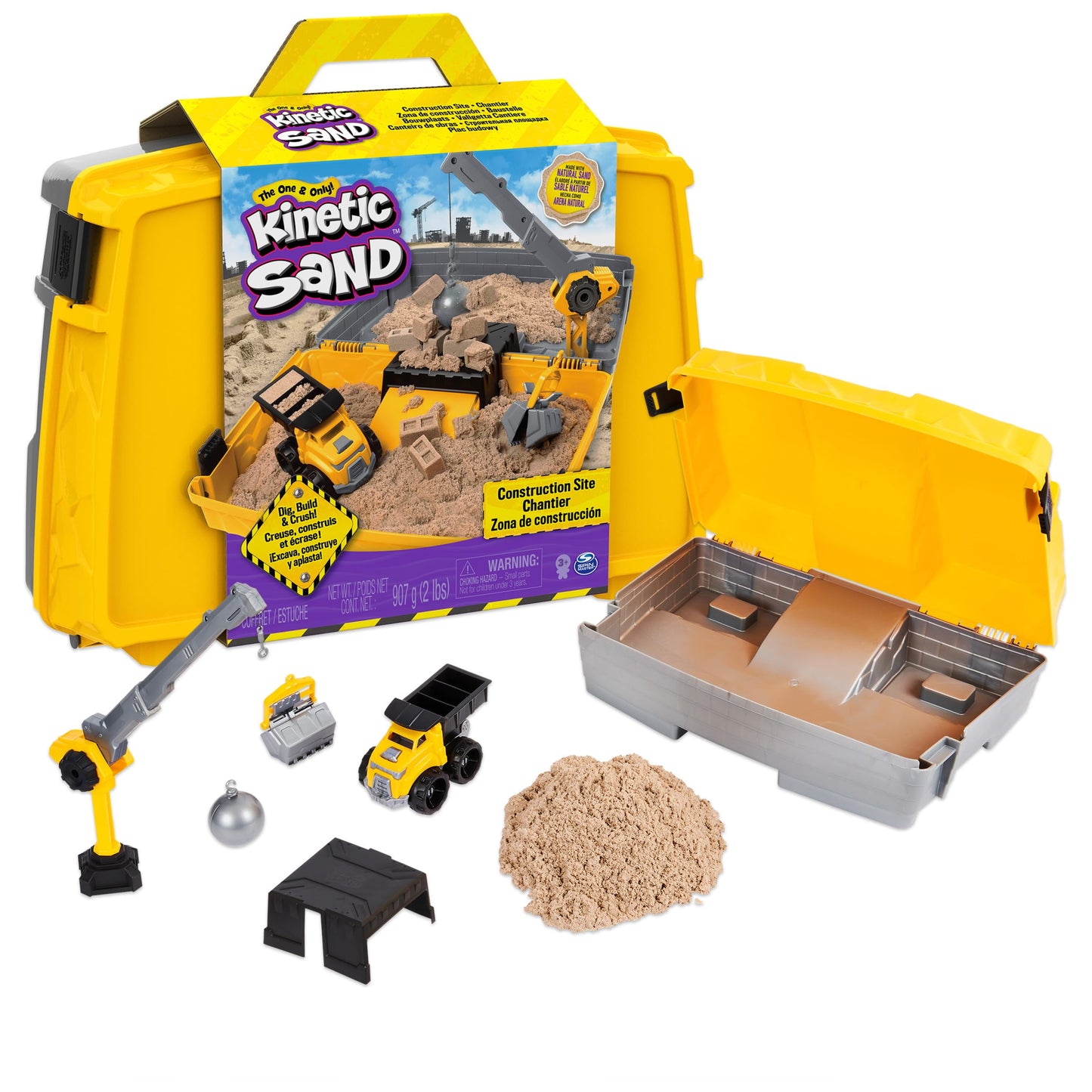 Kinetic Sand Construction Site Folding Sandbox — 2lbs Sand, Crane & Dump Truck Toy