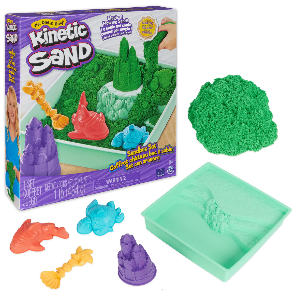 Kinetic Sand Sandbox Set — 1lb Green Sand, 4 Molds & Tray | Sensory Play for Kids 3+