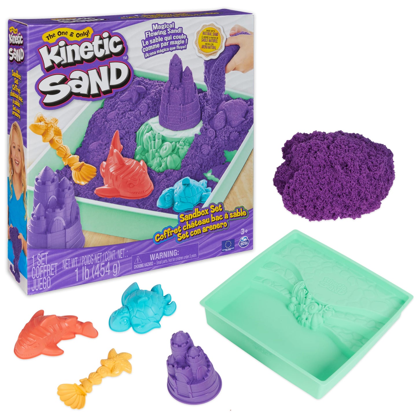Kinetic Sand Sandbox Set: 1lb Purple Sand, 4 Molds & Tray | Sensory Toy for Kids 3+