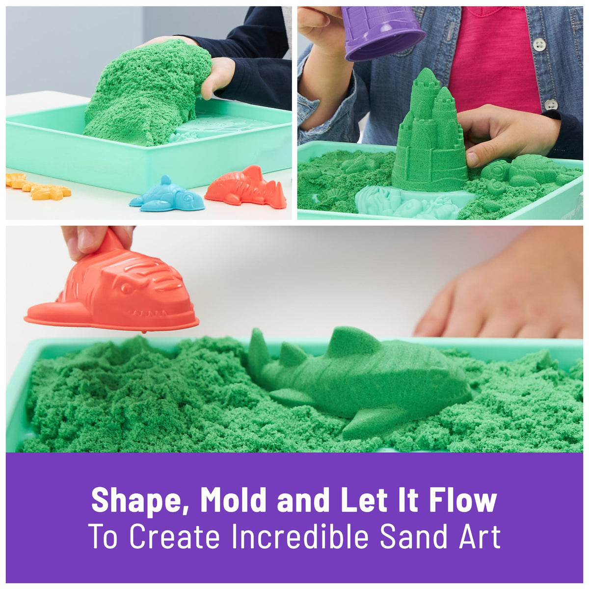 Kinetic Sand Sandbox Set — 1lb Green Sand, 4 Molds & Tray | Sensory Play for Kids 3+