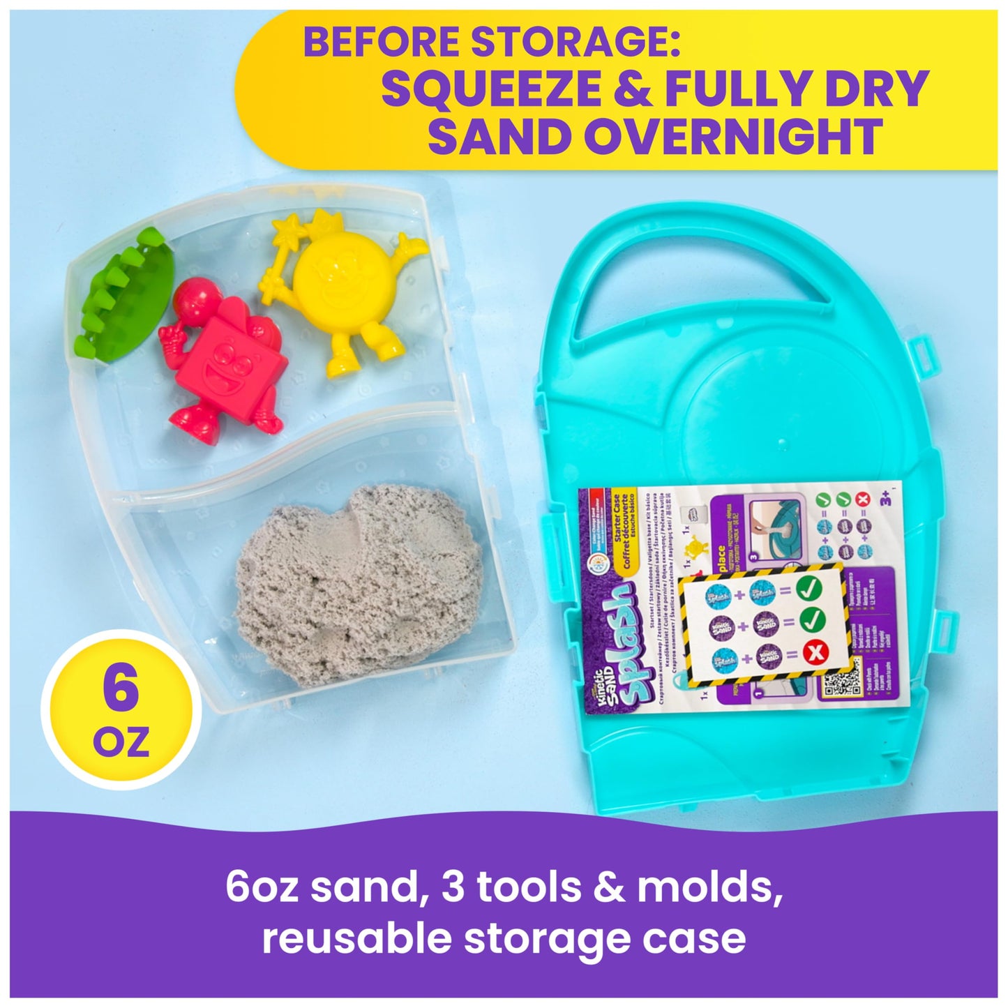 Kinetic Sand Splash Starter Case — Color-Change Play Sand, 6oz, 2 Molds & 1 Rake, Reusable Case