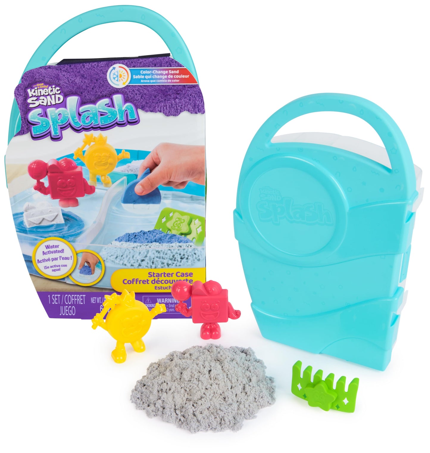 Kinetic Sand Splash Starter Case — Color-Change Play Sand, 6oz, 2 Molds & 1 Rake, Reusable Case