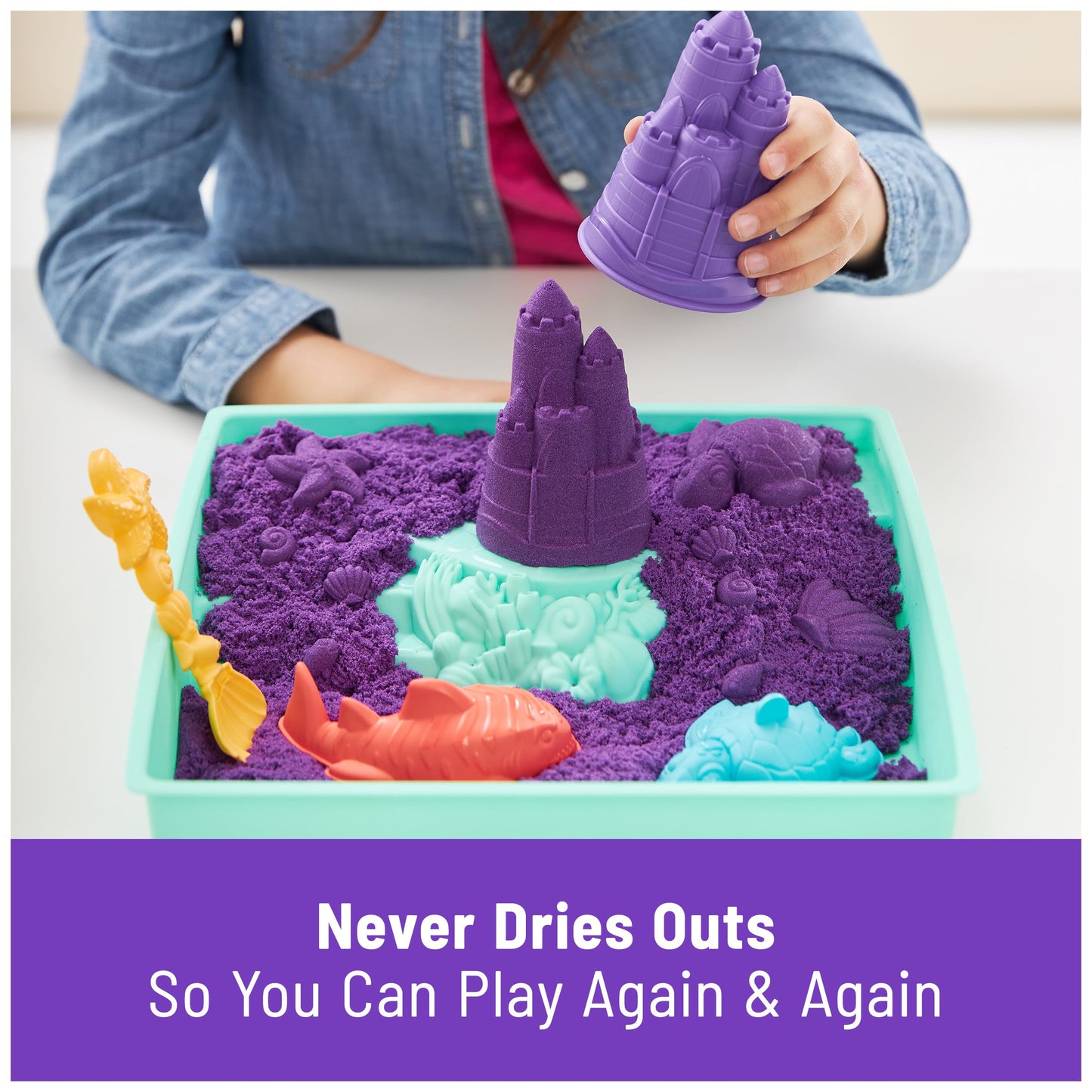 Kinetic Sand Sandbox Set: 1lb Purple Sand, 4 Molds & Tray | Sensory Toy for Kids 3+