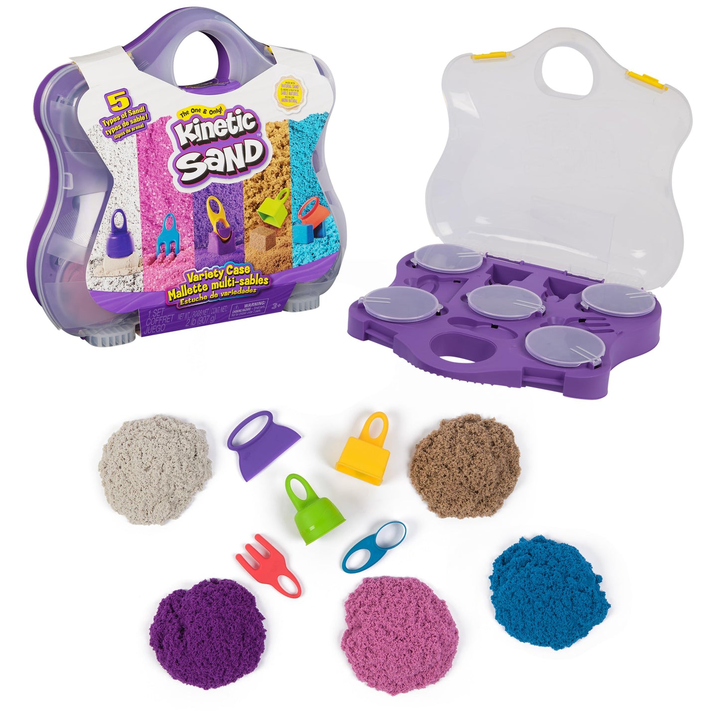 Kinetic Sand Variety Case – 2lbs of Play Sand (Beach, Neon & Shimmer) + 5 Tools | Reusable Storage Case