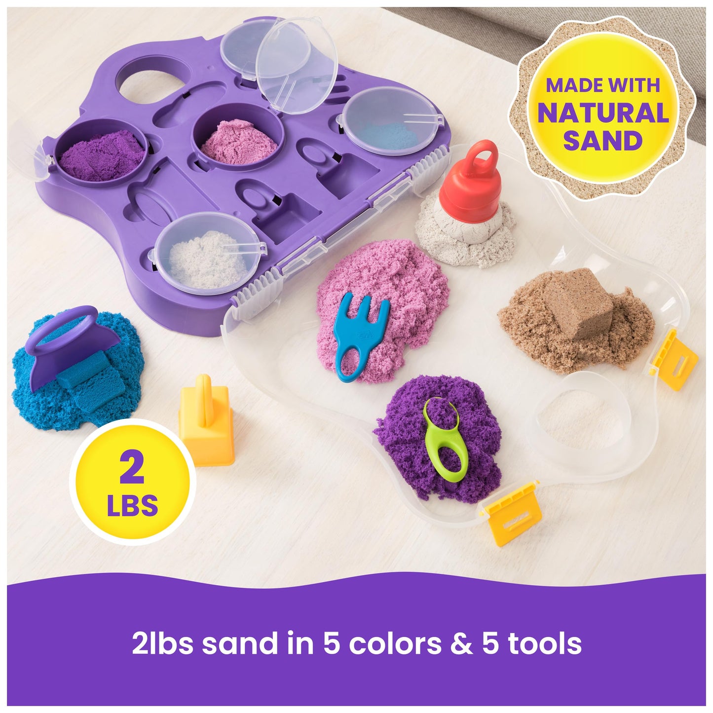 Kinetic Sand Variety Case – 2lbs of Play Sand (Beach, Neon & Shimmer) + 5 Tools | Reusable Storage Case