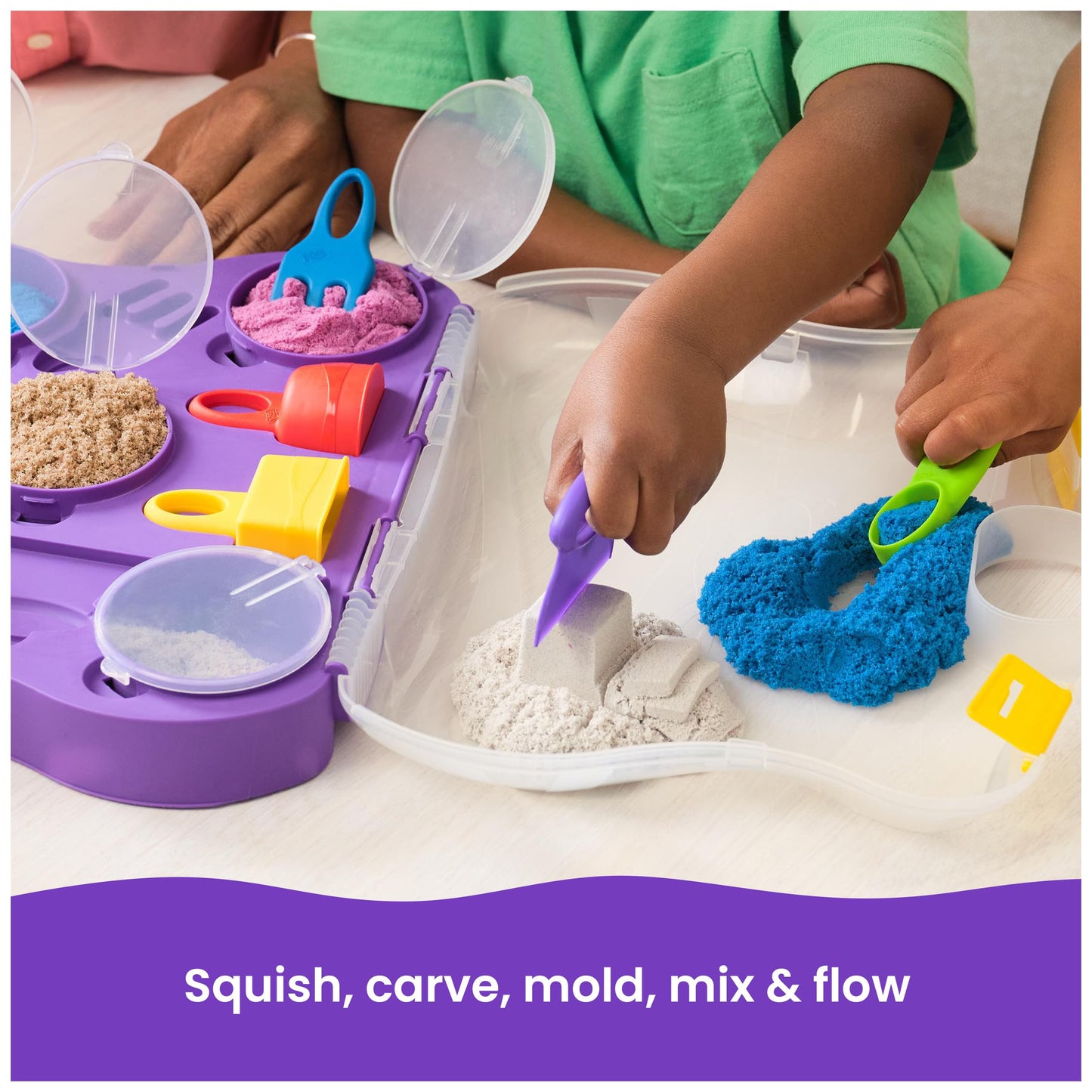 Kinetic Sand Variety Case – 2lbs of Play Sand (Beach, Neon & Shimmer) + 5 Tools | Reusable Storage Case