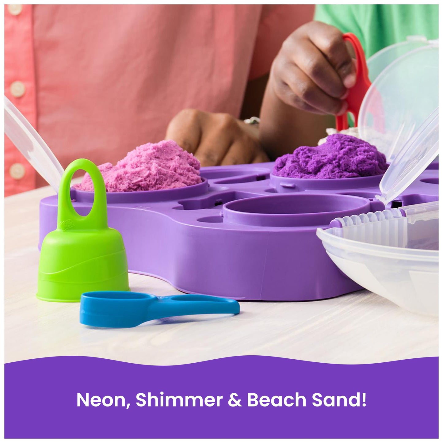 Kinetic Sand Variety Case – 2lbs of Play Sand (Beach, Neon & Shimmer) + 5 Tools | Reusable Storage Case