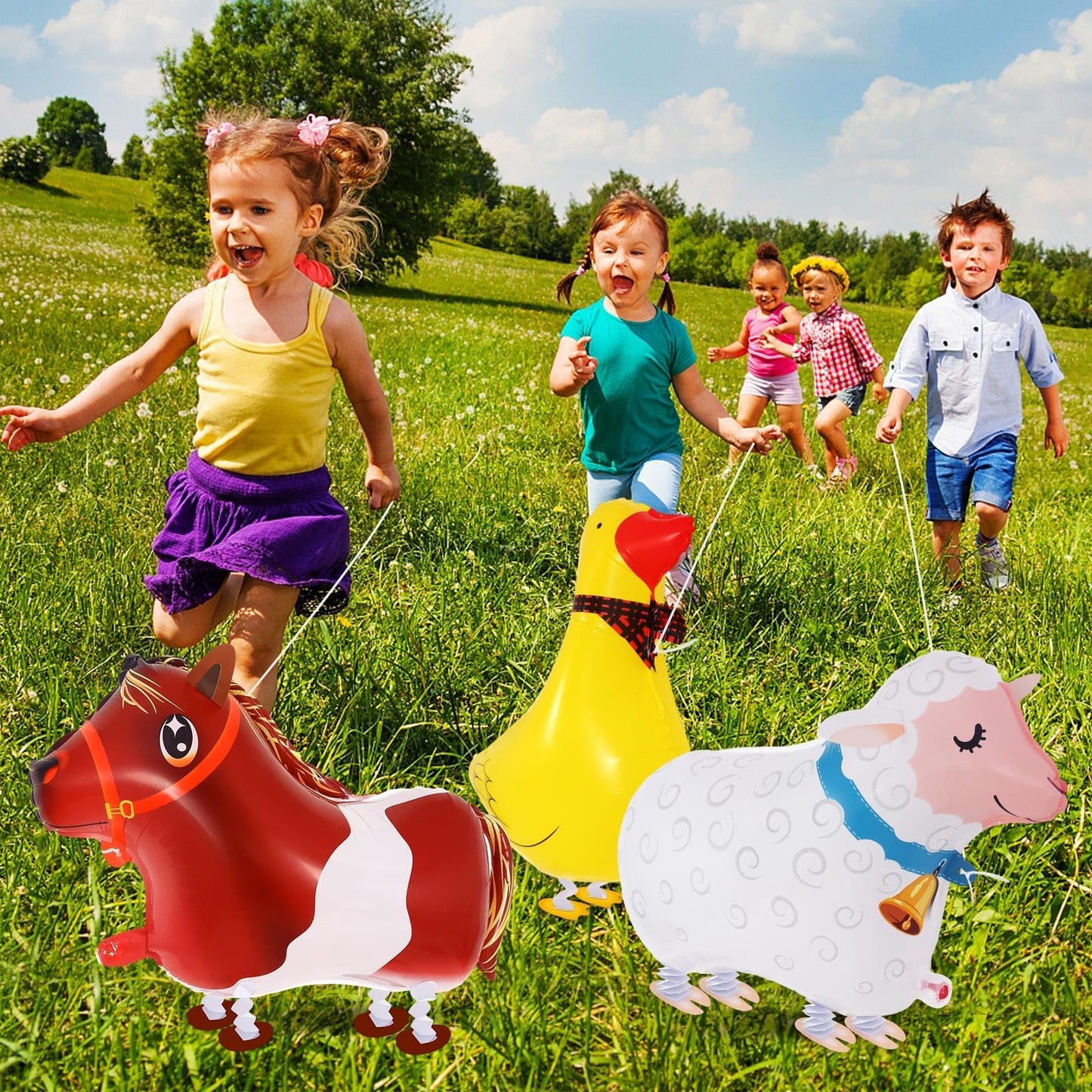 KINYFY 6 Pcs Walking Farm Animal Balloons – Rooster, Duck, Horse, Cow, Pig, Sheep | Farm Theme Party Decor