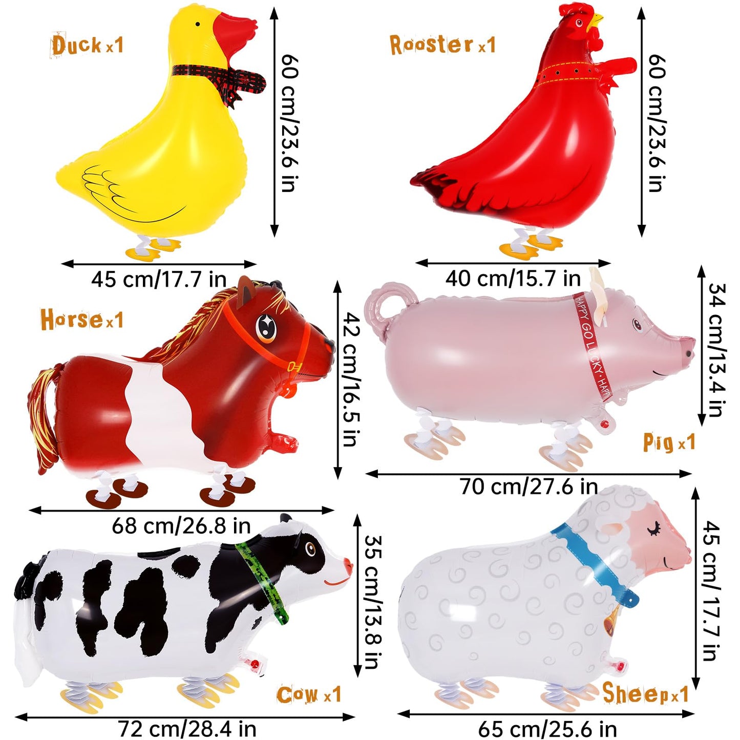 KINYFY 6 Pcs Walking Farm Animal Balloons – Rooster, Duck, Horse, Cow, Pig, Sheep | Farm Theme Party Decor