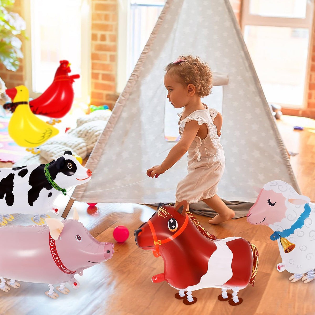 KINYFY 6 Pcs Walking Farm Animal Balloons – Rooster, Duck, Horse, Cow, Pig, Sheep | Farm Theme Party Decor