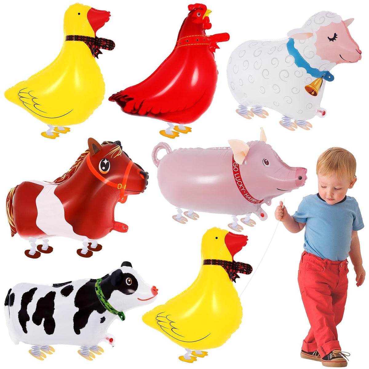 KINYFY 6 Pcs Walking Farm Animal Balloons – Rooster, Duck, Horse, Cow, Pig, Sheep | Farm Theme Party Decor