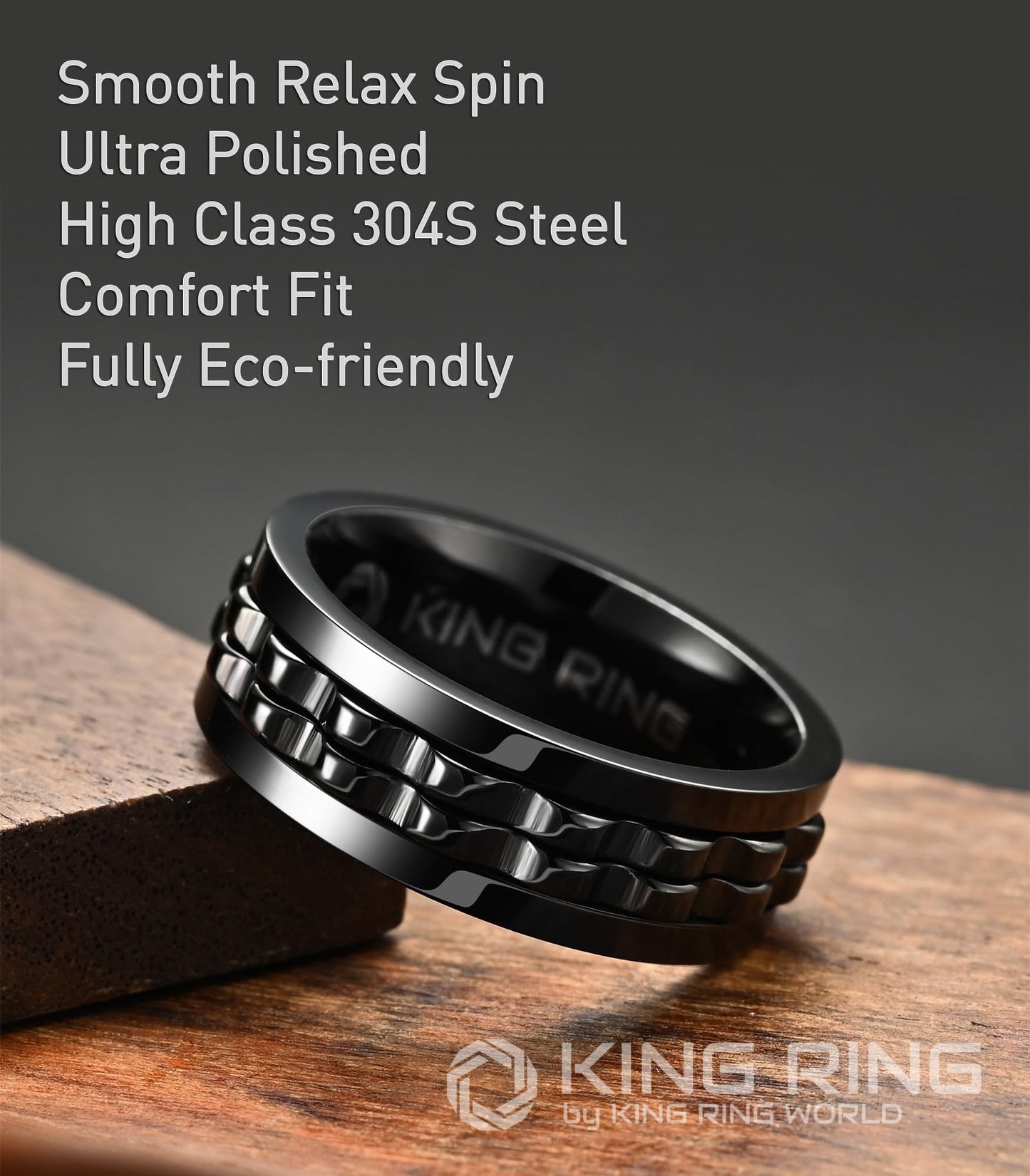 King Ring 8mm Gear Spinner Ring – Ultra Polished Stainless Steel Fidget Ring K12, Black 09
