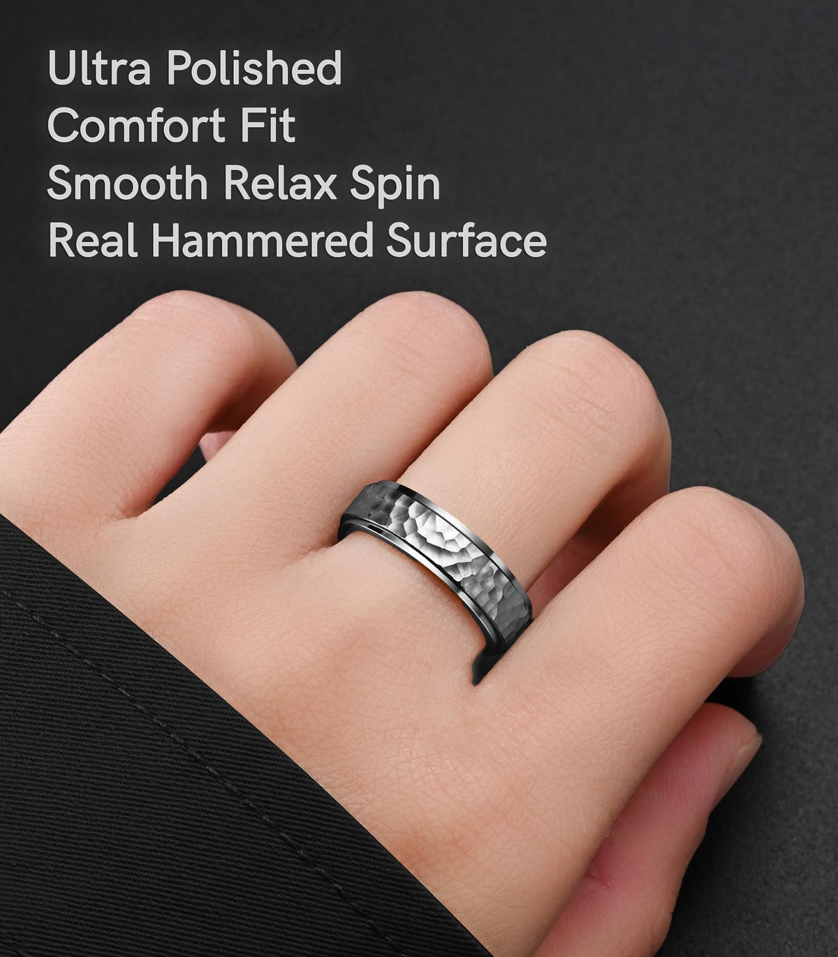 King Ring 6mm Spinner Hammered Ring – Stress Relief Fidget Ring for Men & Women | K39V2 – Silver