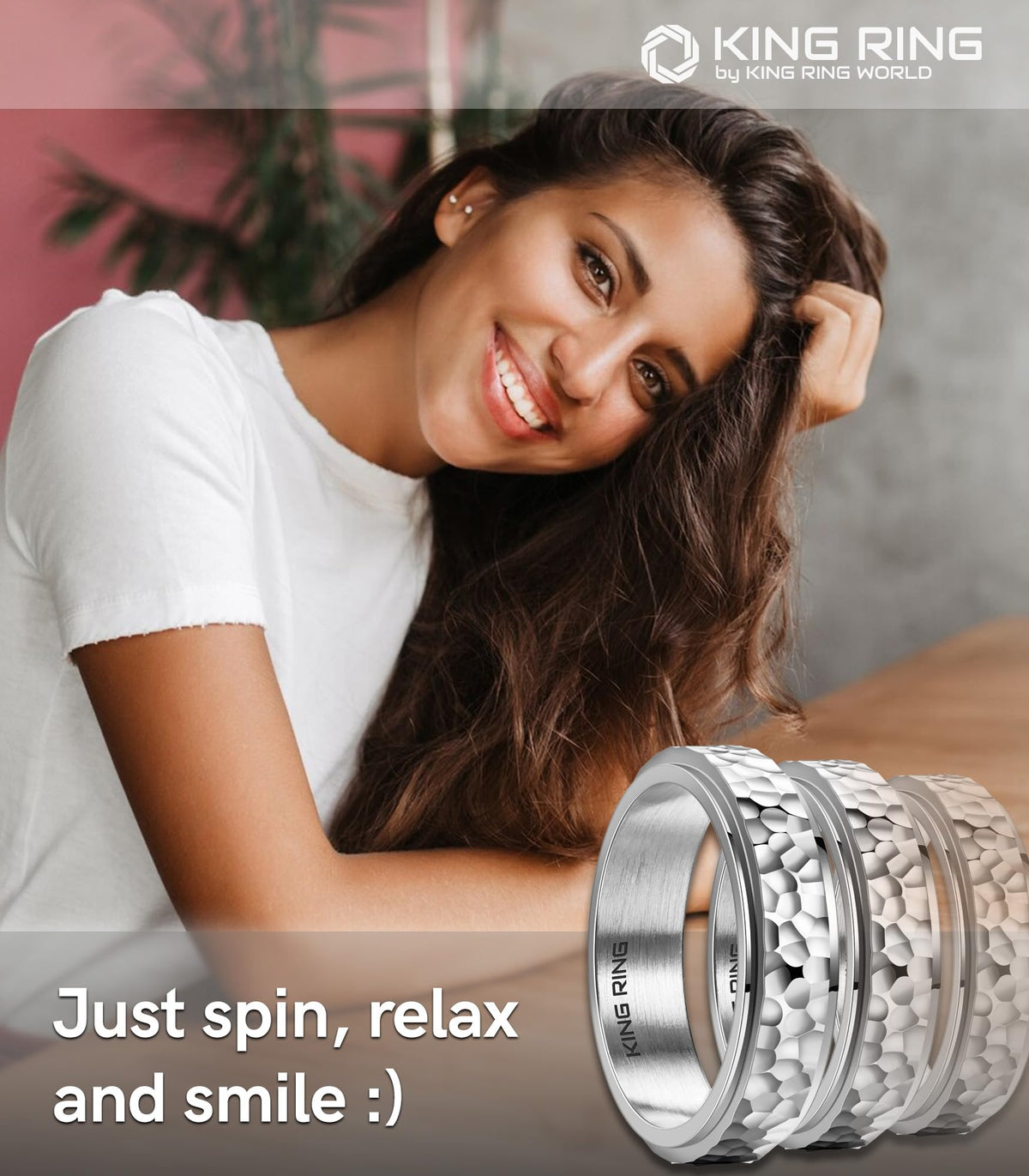King Ring 6mm Spinner Hammered Ring – Stress Relief Fidget Ring for Men & Women | K39V2 – Silver