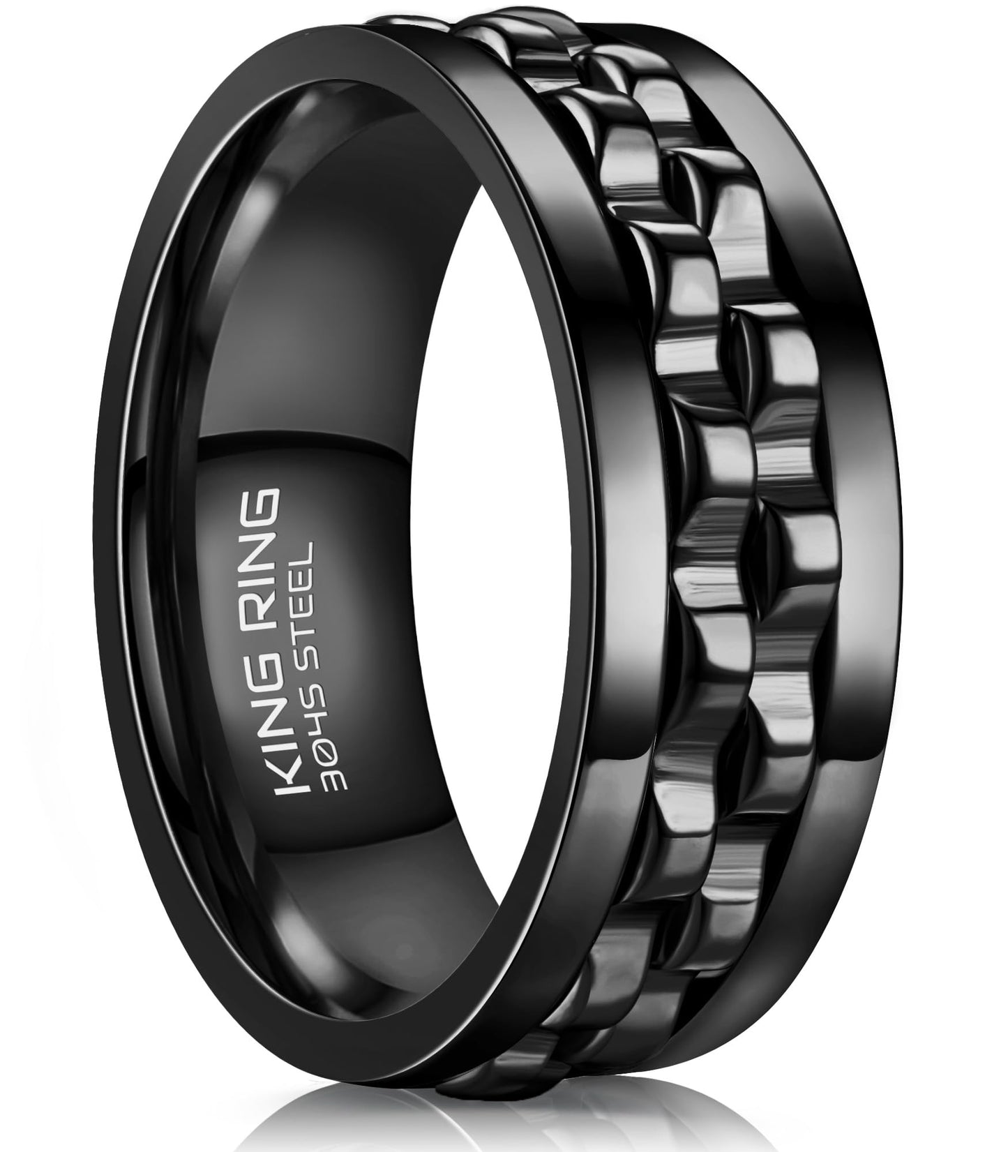 King Ring 8mm Gear Spinner Ring – Ultra Polished Stainless Steel Fidget Ring K12, Black 09