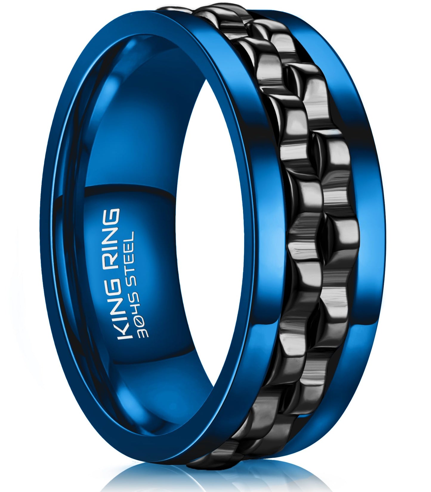 King Ring 8mm Gear Spinner Ring - Ultra-Polished Stainless Steel Fidget Ring - Blue-Black 08