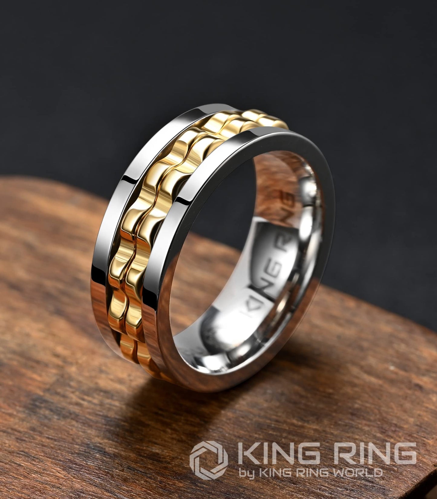 King Ring 8mm Gear Spinner Ring – Ultra-Polished Stainless Steel Fidget Ring for Men & Women | Silver & Gold