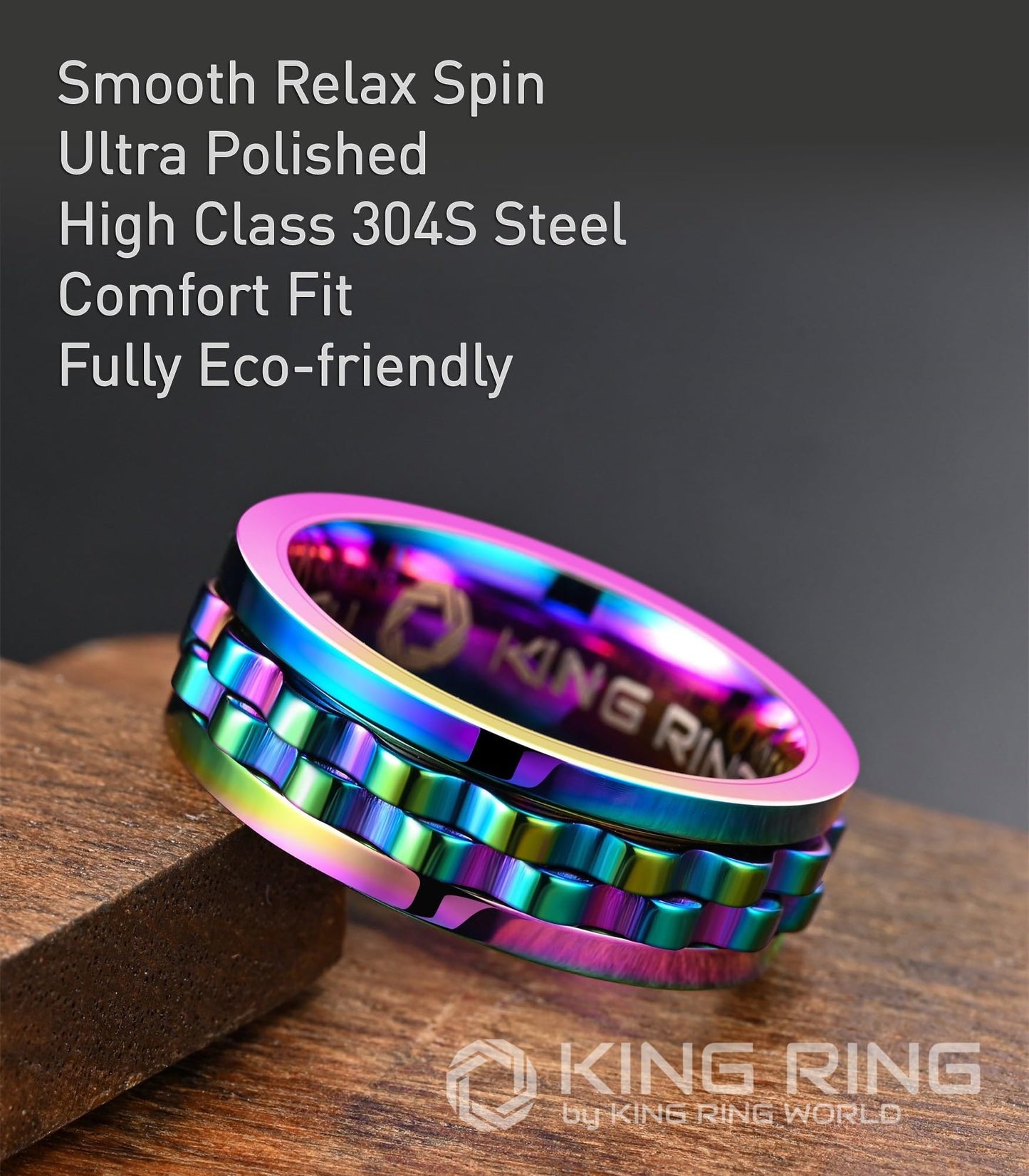 King Ring 8mm Gear Spinner Ring – Ultra Polished Stainless Steel Fidget Ring K12