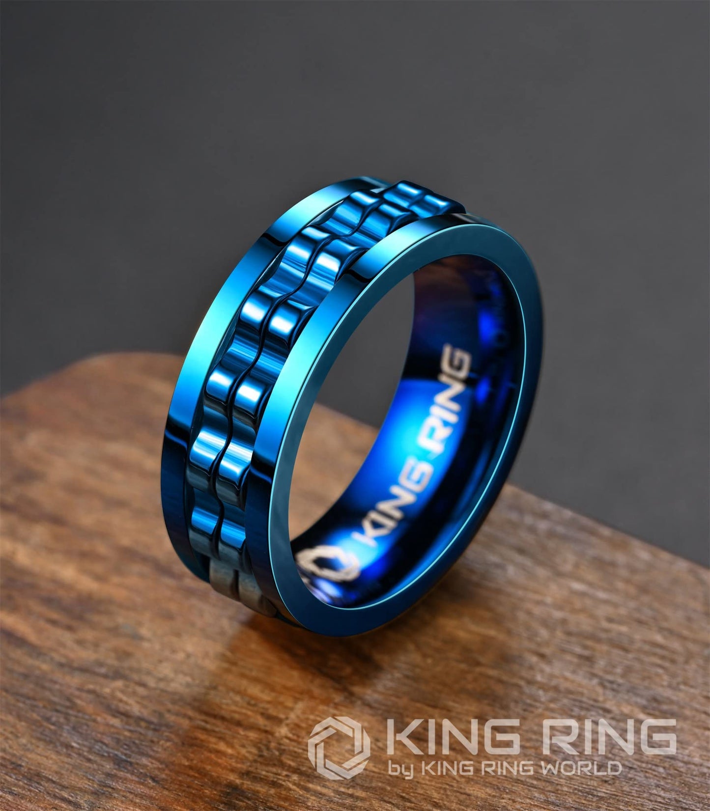 King Ring 8mm Gear Spinner Ring – Ultra-Polished Stainless Steel Fidget Ring for Men & Women – Blue 11