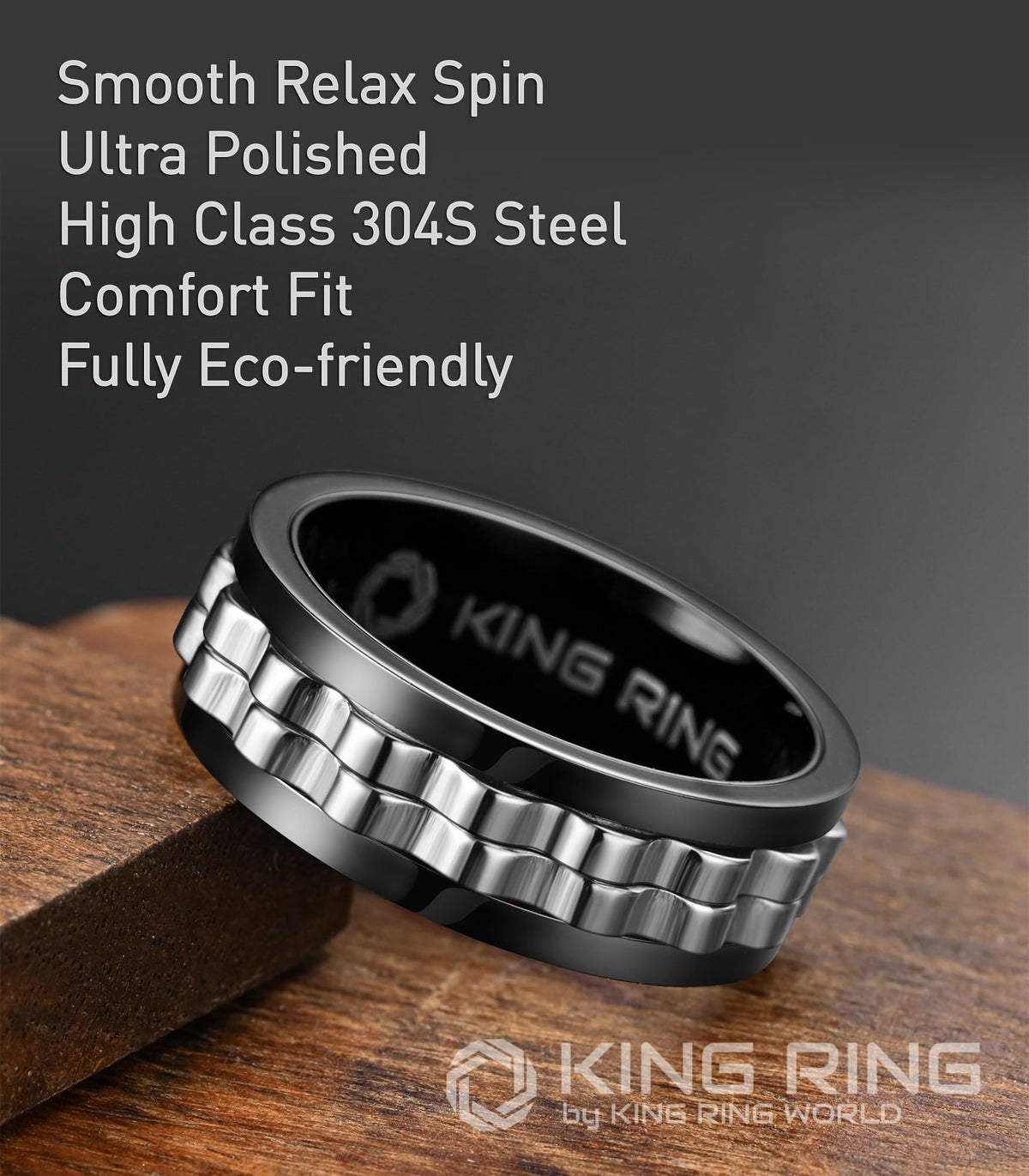 King Ring 8mm Gear Spinner Ring – Ultra Polished Stainless Steel Fidget Ring for Men & Women