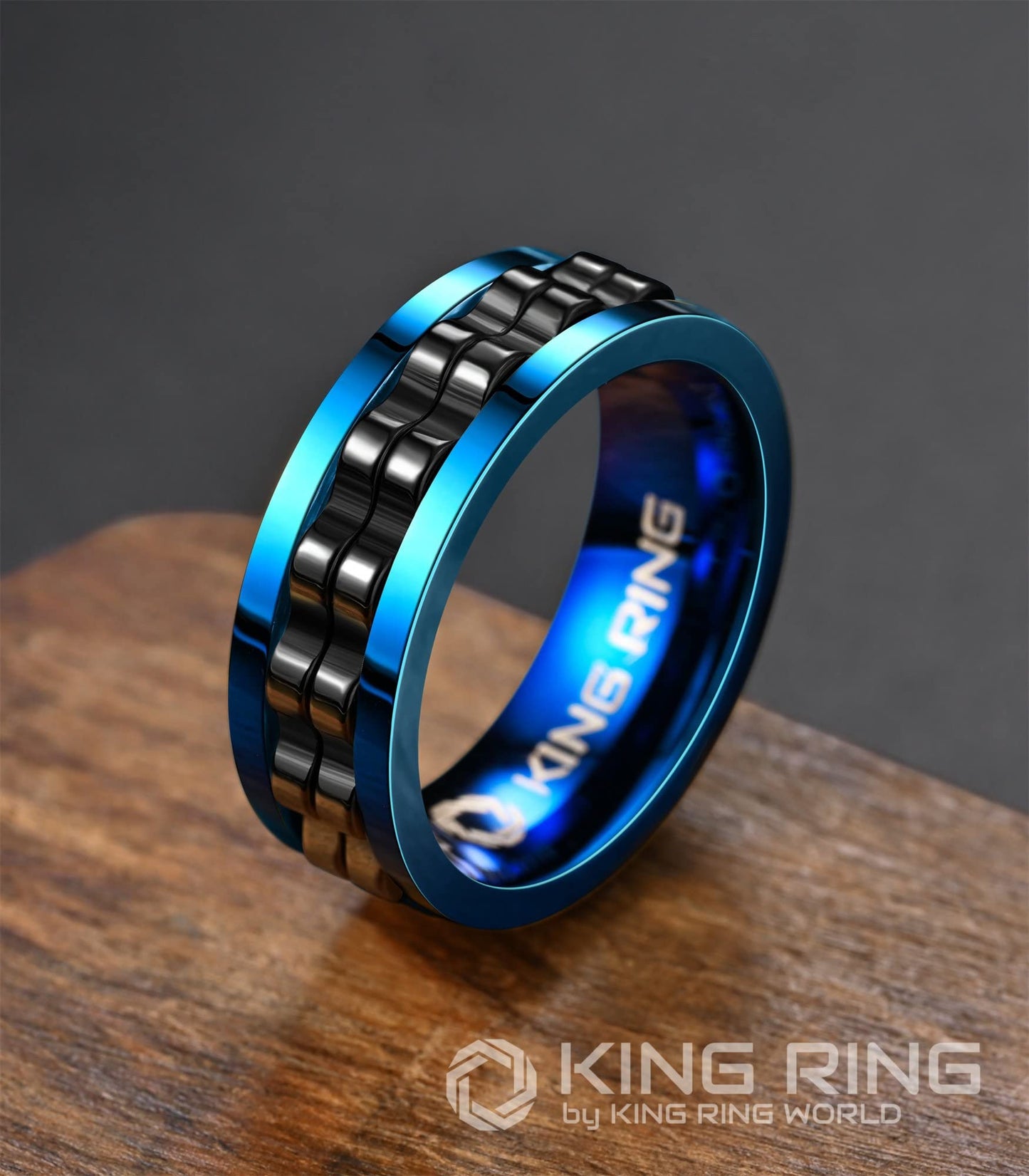 King Ring 8mm Gear Spinner Ring – Ultra Polished 304 Stainless Steel, Blue-Black (Unisex)