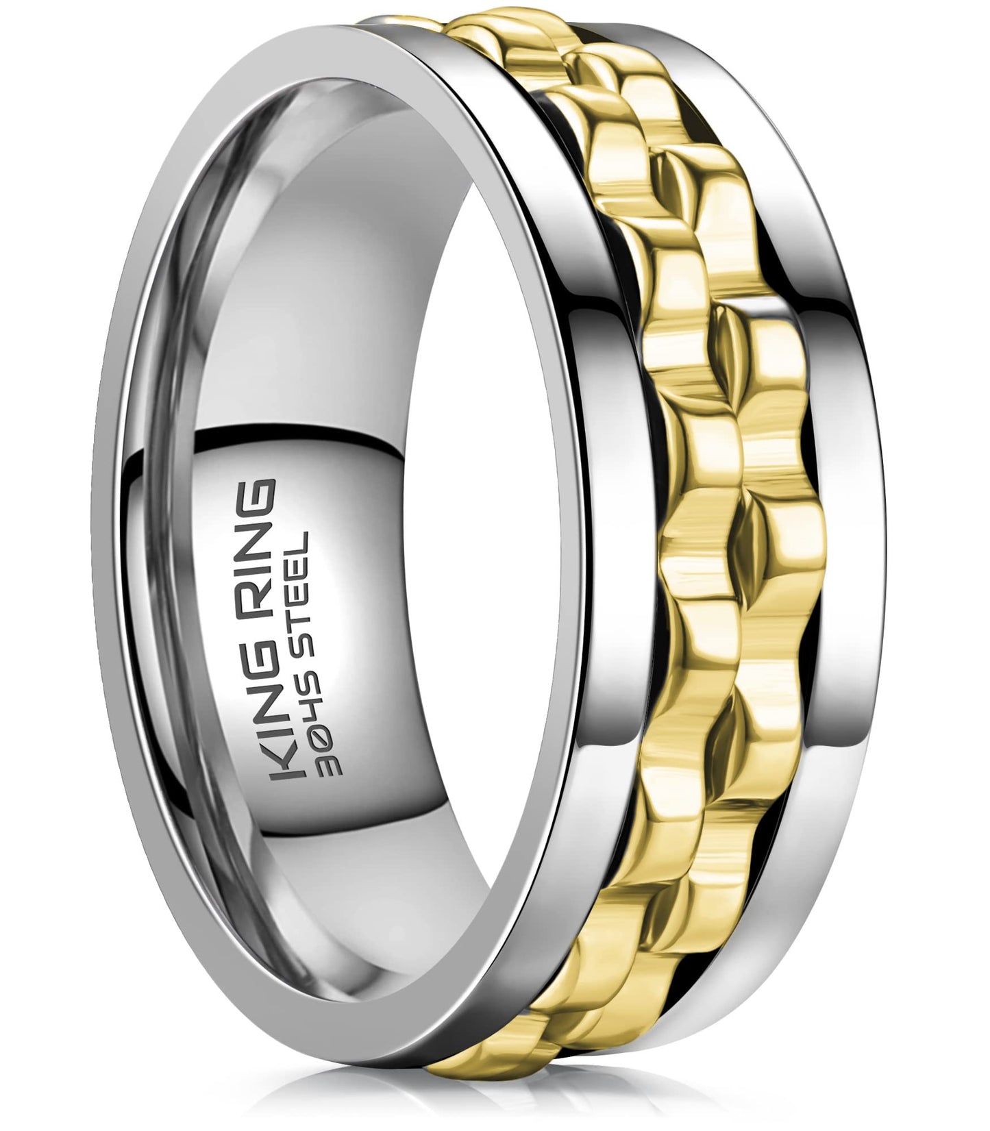 King Ring 8mm Gear Spinner Ring – Ultra-Polished Stainless Steel Fidget Ring for Men & Women | Silver & Gold