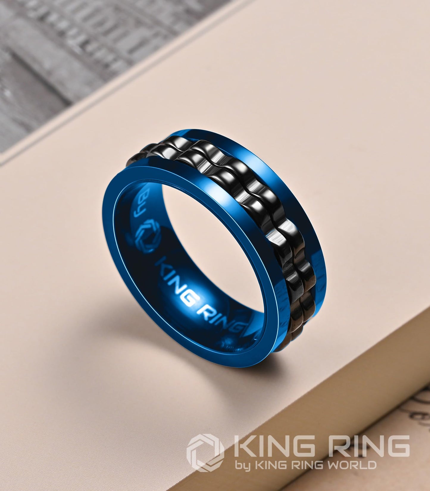 King Ring 8mm Gear Spinner Ring - Ultra-Polished Stainless Steel Fidget Ring - Blue-Black 08