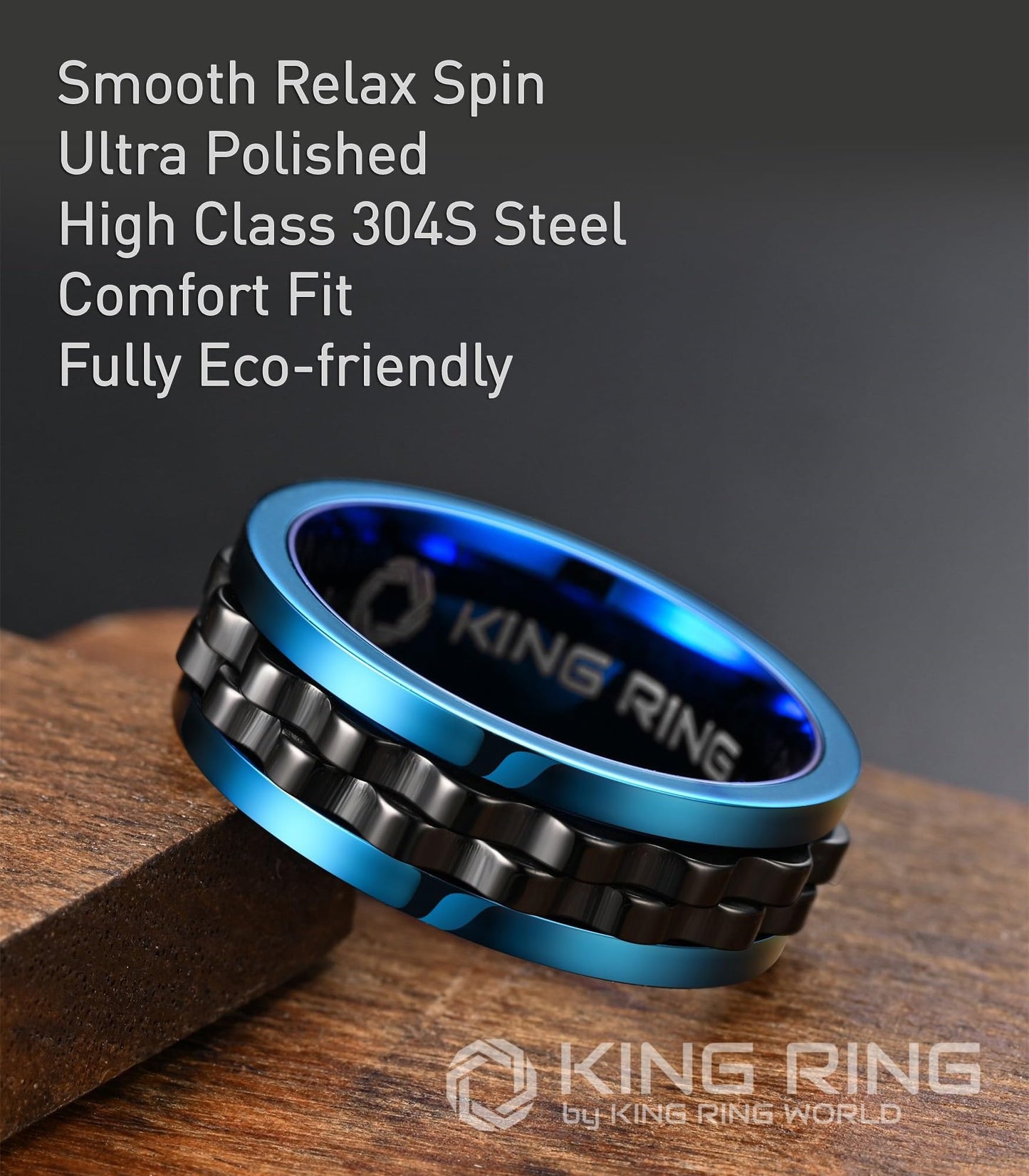King Ring 8mm Gear Spinner Ring - Ultra-Polished Stainless Steel Fidget Ring - Blue-Black 08