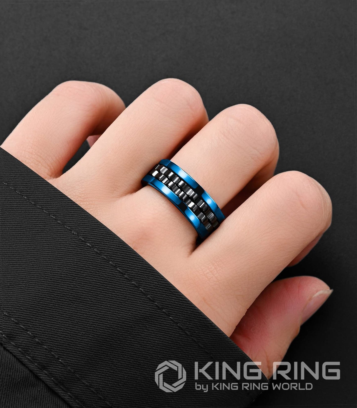 King Ring 8mm Gear Spinner Ring - Ultra-Polished Stainless Steel Fidget Ring - Blue-Black 08