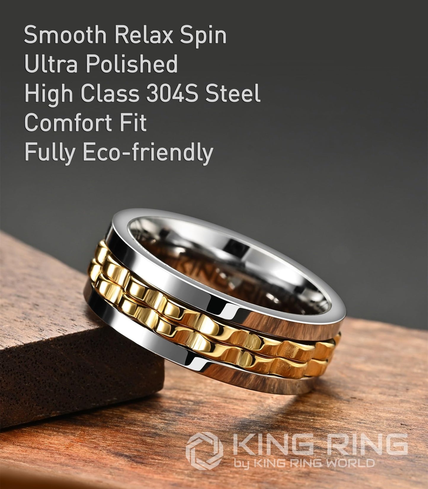 King Ring 8mm Gear Spinner Ring – Ultra-Polished Stainless Steel Fidget Ring for Men & Women | Silver & Gold