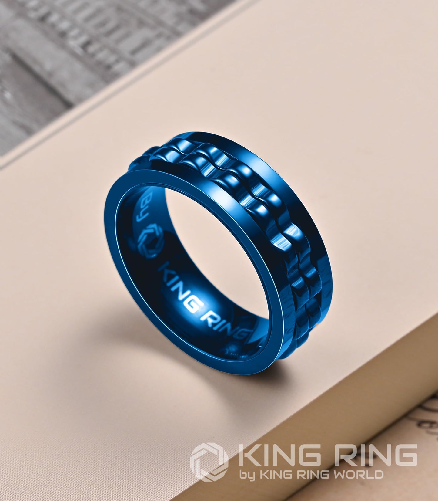 King Ring 8mm Gear Spinner Ring – Ultra-Polished Stainless Steel Fidget Ring for Men & Women – Blue 11