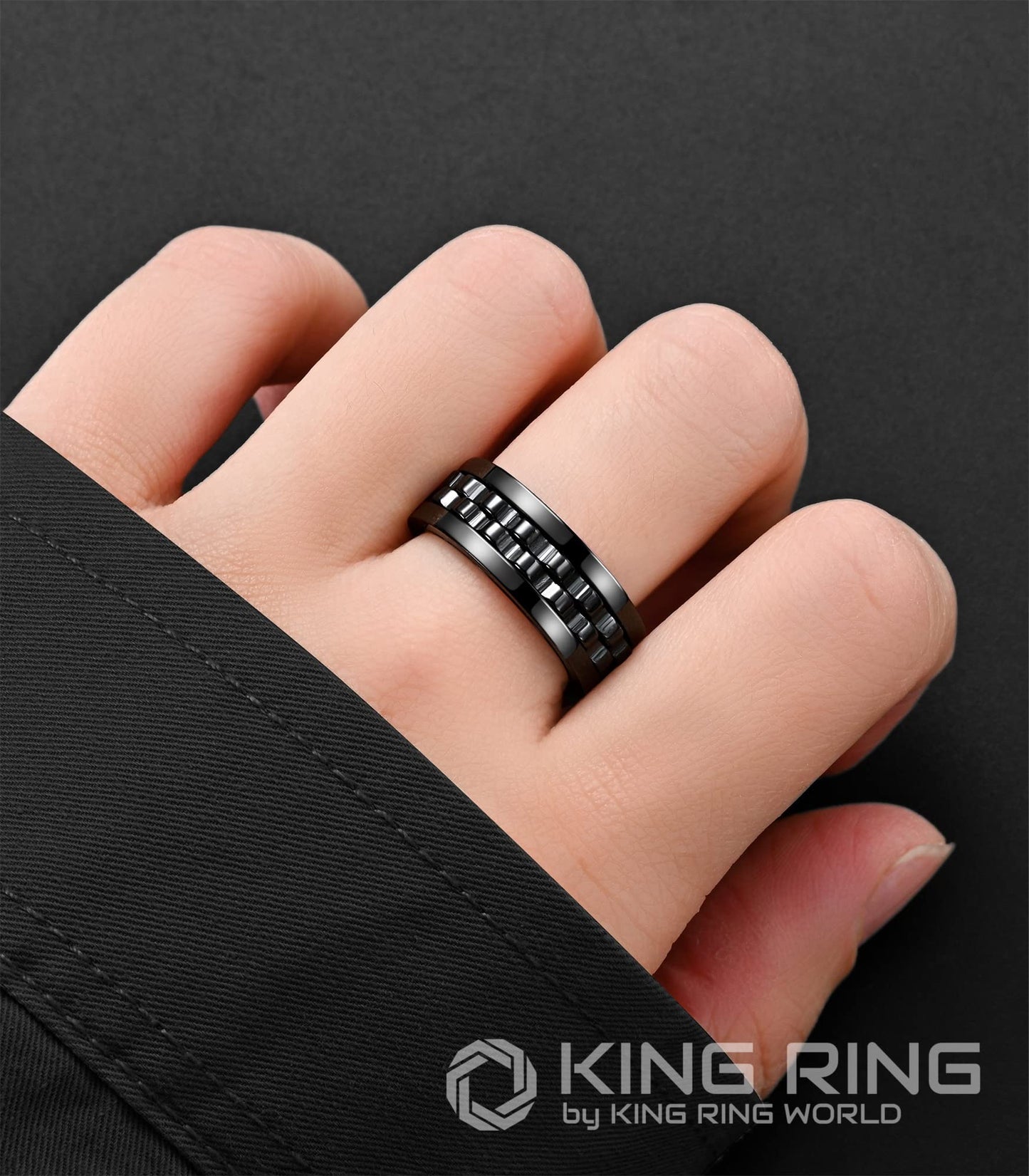 King Ring 8mm Gear Spinner Ring – Ultra Polished Stainless Steel Fidget Ring K12, Black 09