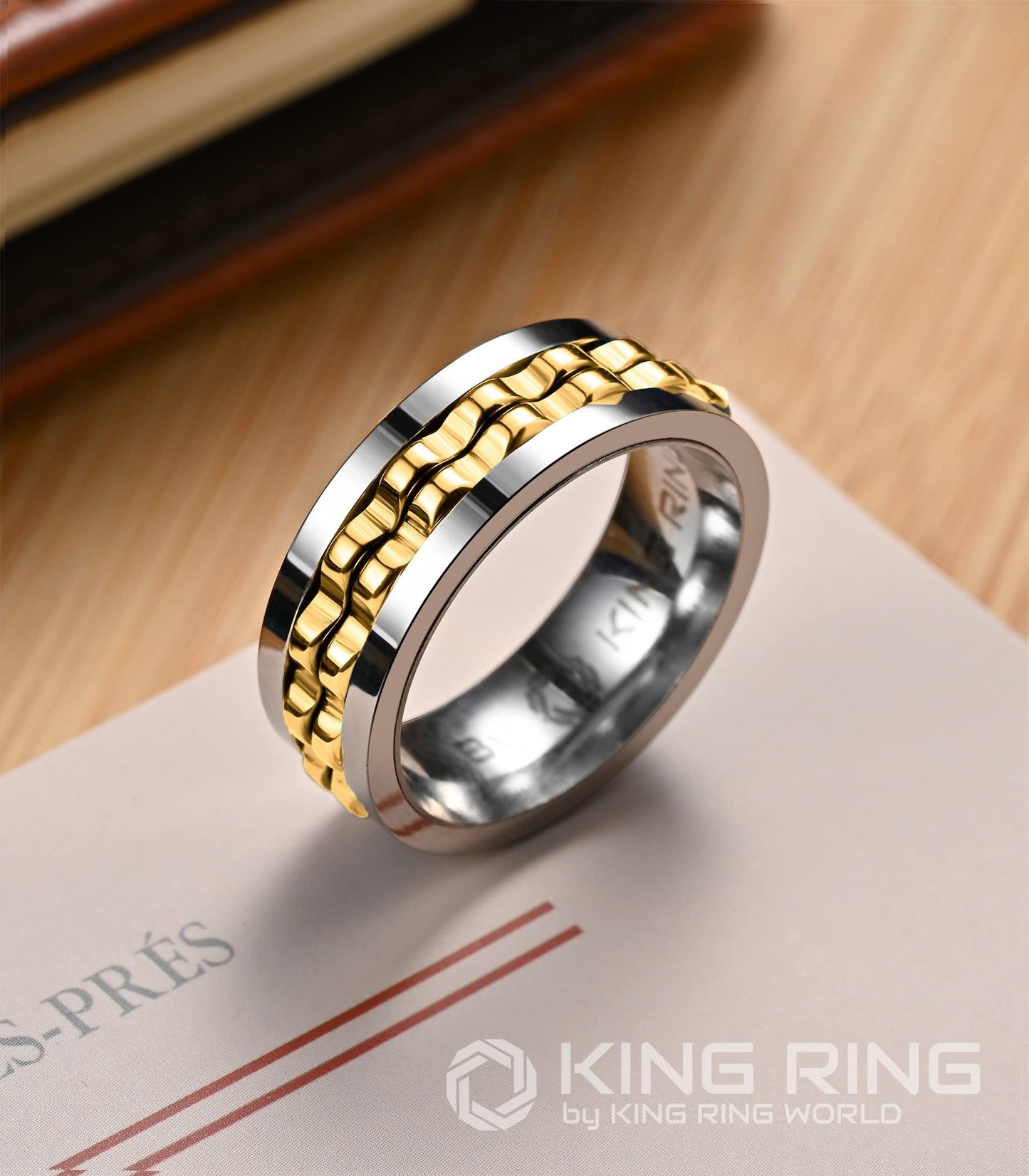 King Ring 8mm Gear Spinner Ring – Ultra-Polished Stainless Steel Fidget Ring for Men & Women | Silver & Gold