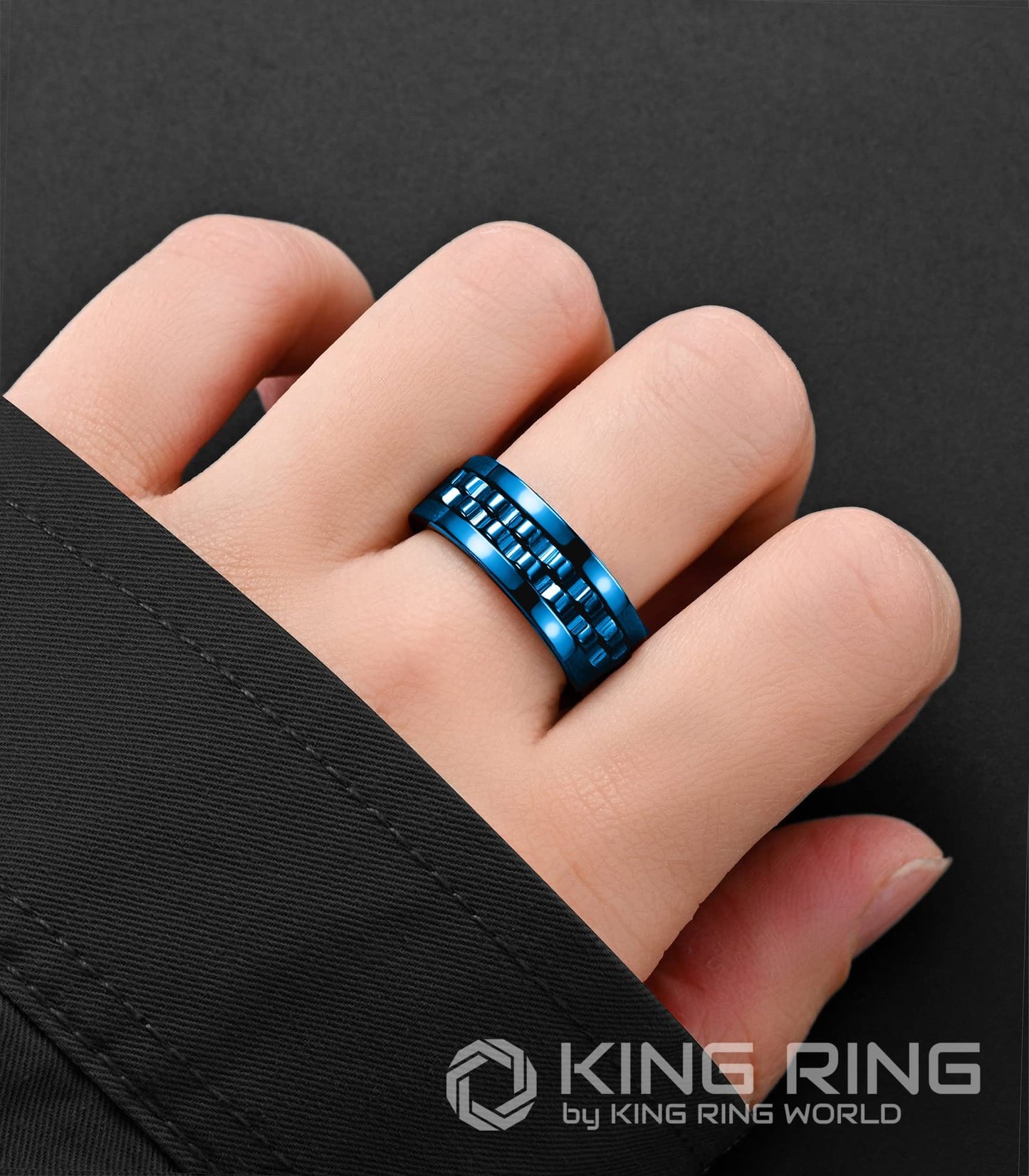 King Ring 8mm Gear Spinner Ring – Ultra-Polished Stainless Steel Fidget Ring for Men & Women – Blue 11