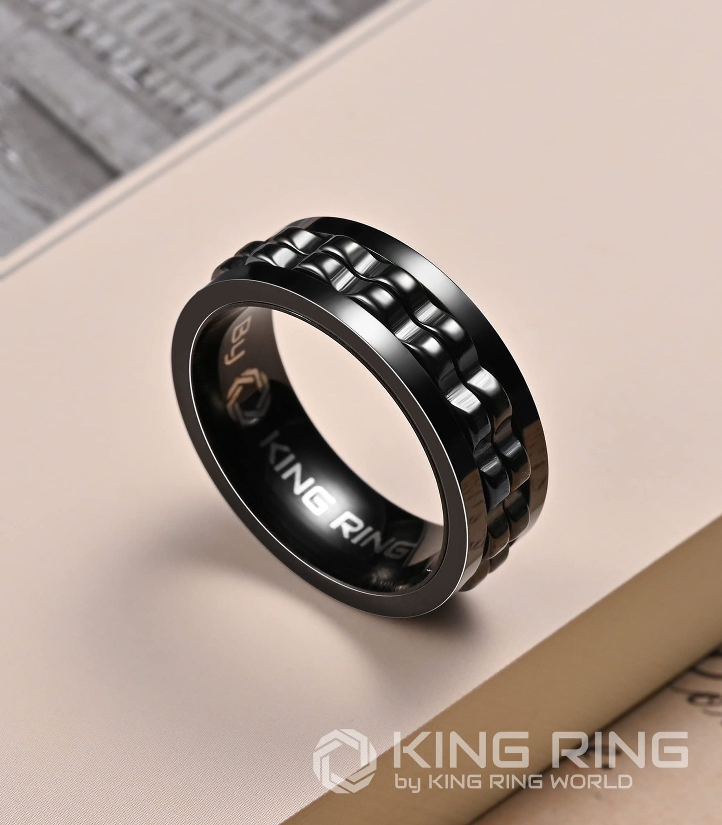 King Ring 8mm Gear Spinner Ring – Ultra Polished Stainless Steel Fidget Ring K12, Black 09
