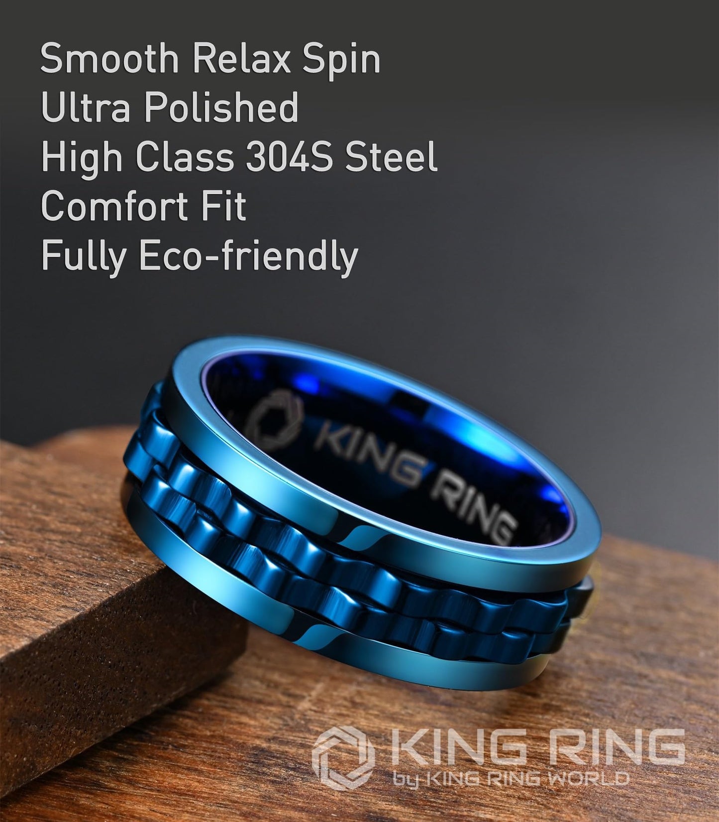 King Ring 8mm Gear Spinner Ring – Ultra-Polished Stainless Steel Fidget Ring for Men & Women – Blue 11