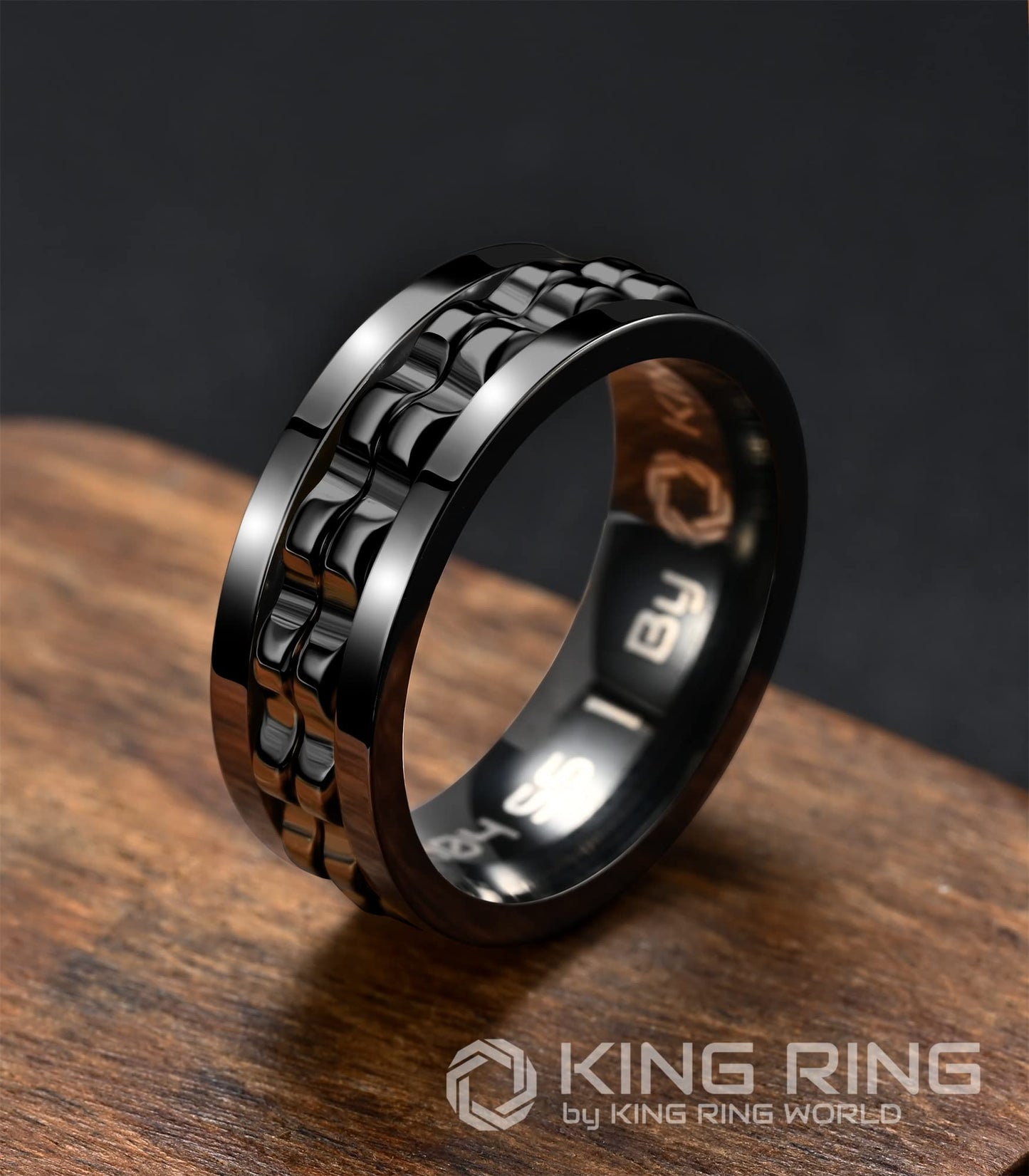 King Ring 8mm Gear Spinner Ring – Ultra Polished Stainless Steel Fidget Ring K12, Black 09