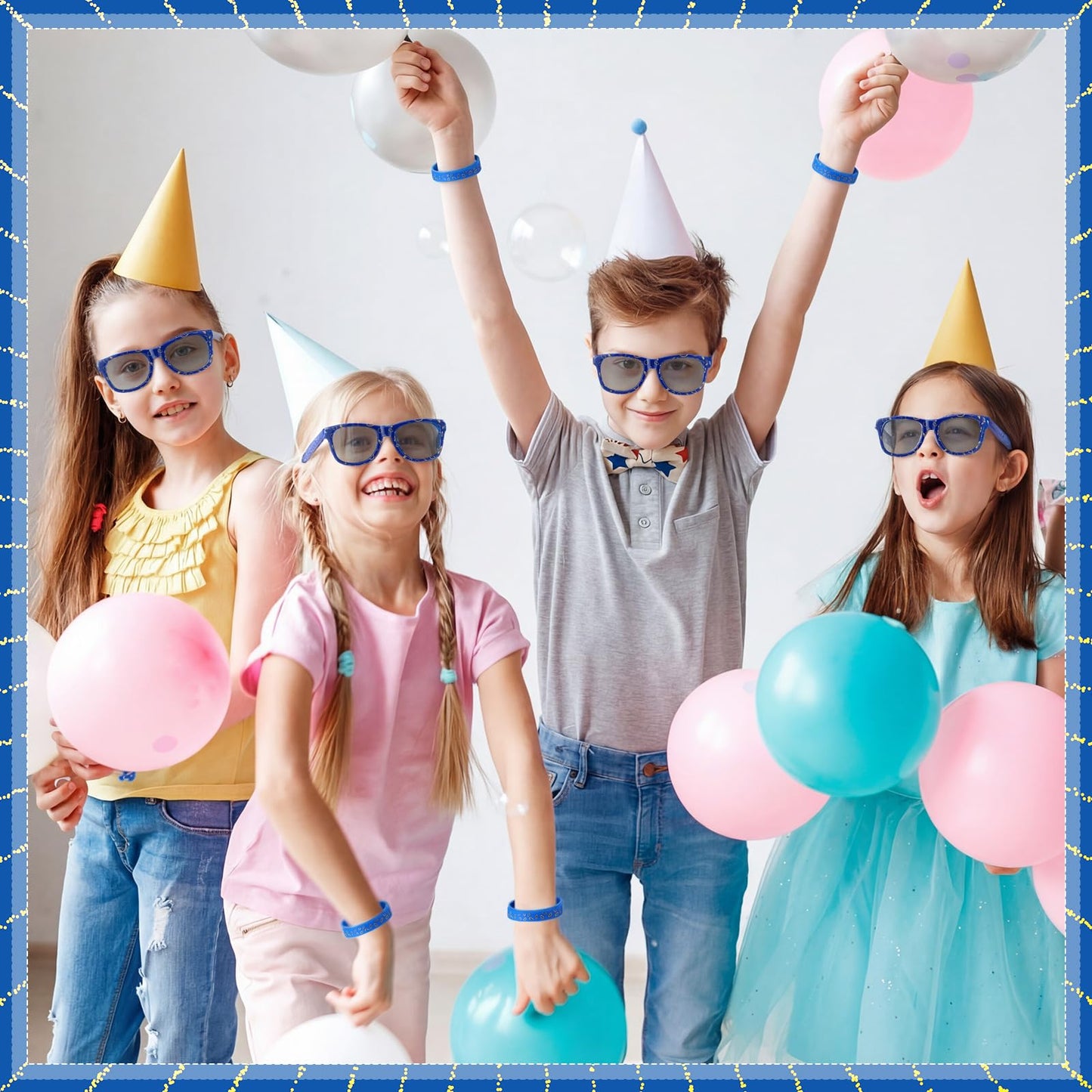 Kingdder 24 Pcs Blue with Gold Ring Sunglasses & Silicone Wristbands – Cartoon Theme Party Favors