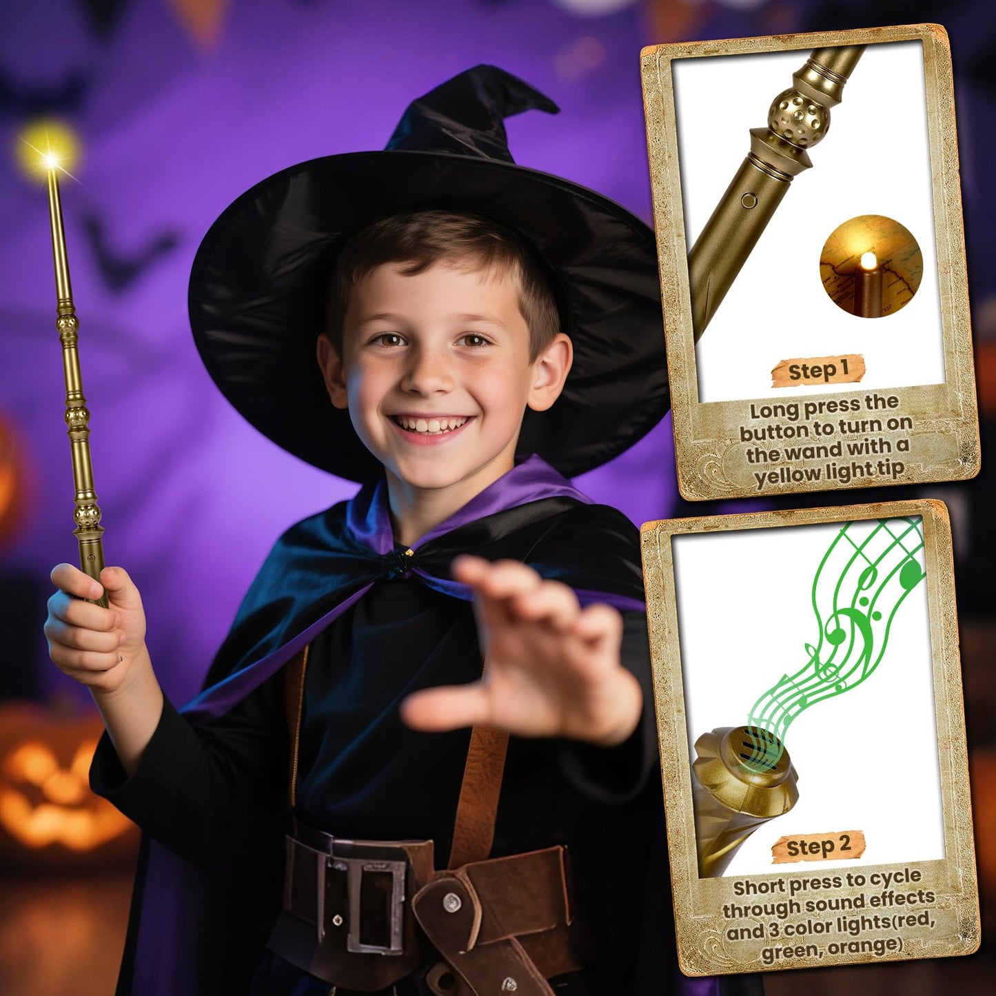 KingVows Light Up Magic Wizard Wand – 8-Pack, 4 Color Lights & Sound, 15.2-Inch Golden Wands