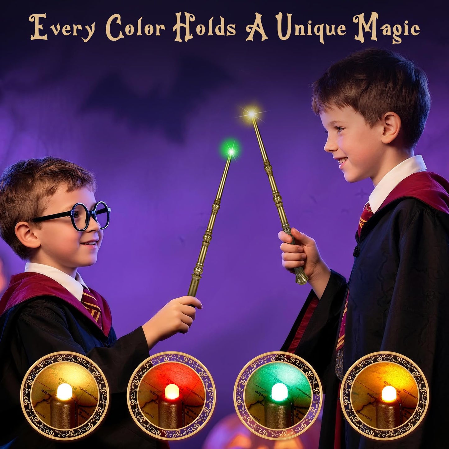 KingVows Light Up Magic Wizard Wand – 8-Pack, 4 Color Lights & Sound, 15.2-Inch Golden Wands