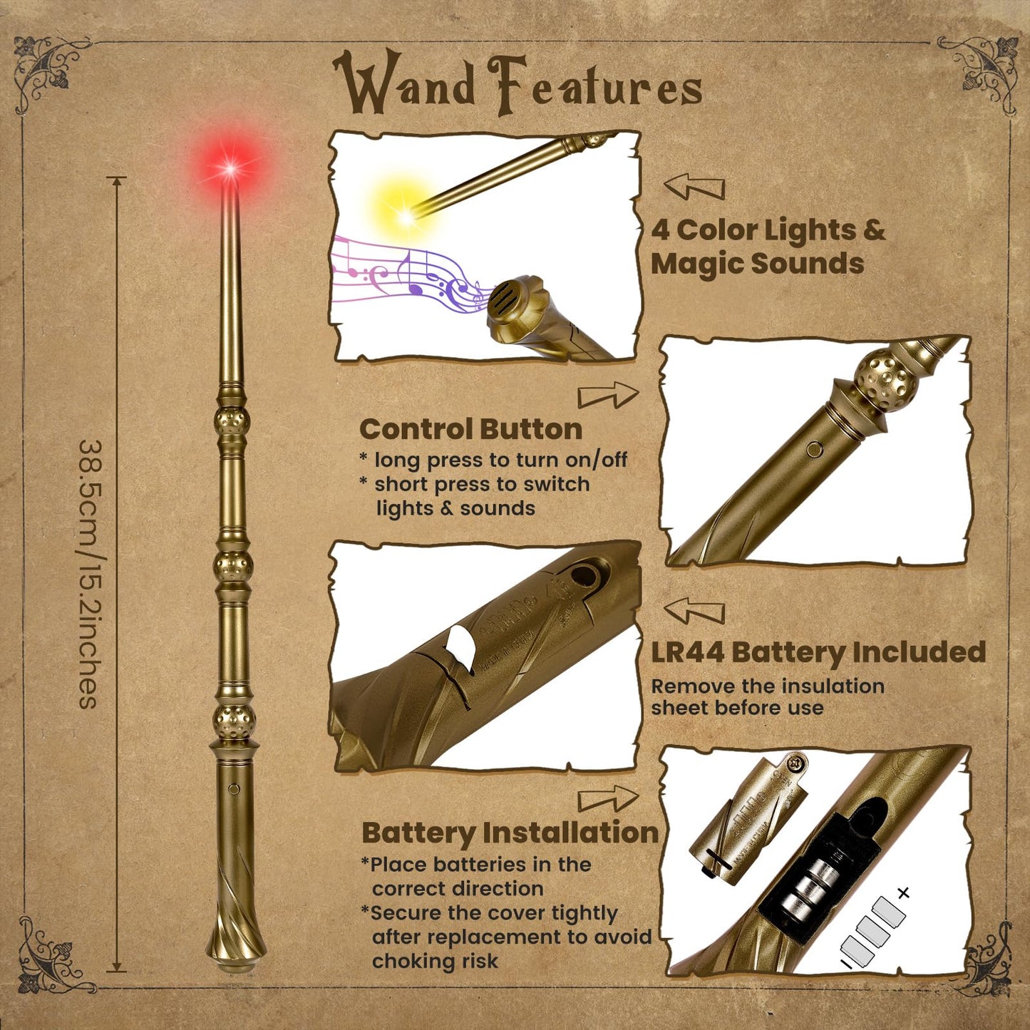 KingVows Light Up Magic Wizard Wand – 8-Pack, 4 Color Lights & Sound, 15.2-Inch Golden Wands