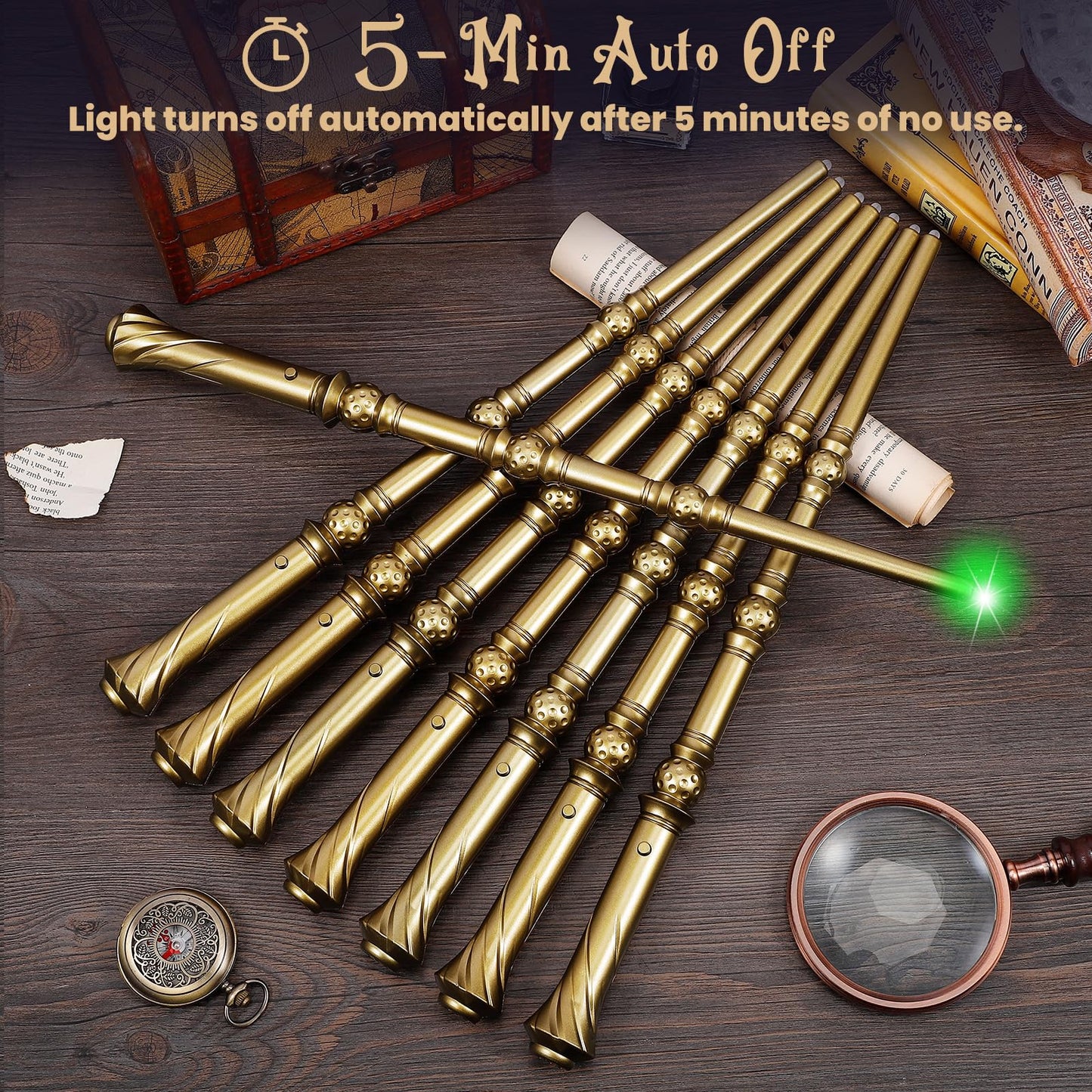 KingVows Light Up Magic Wizard Wand – 8-Pack, 4 Color Lights & Sound, 15.2-Inch Golden Wands
