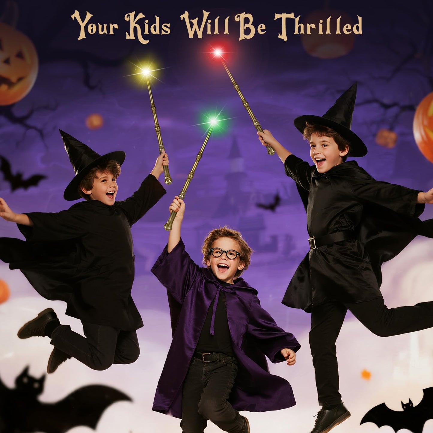 KingVows Light Up Magic Wizard Wand – 8-Pack, 4 Color Lights & Sound, 15.2-Inch Golden Wands