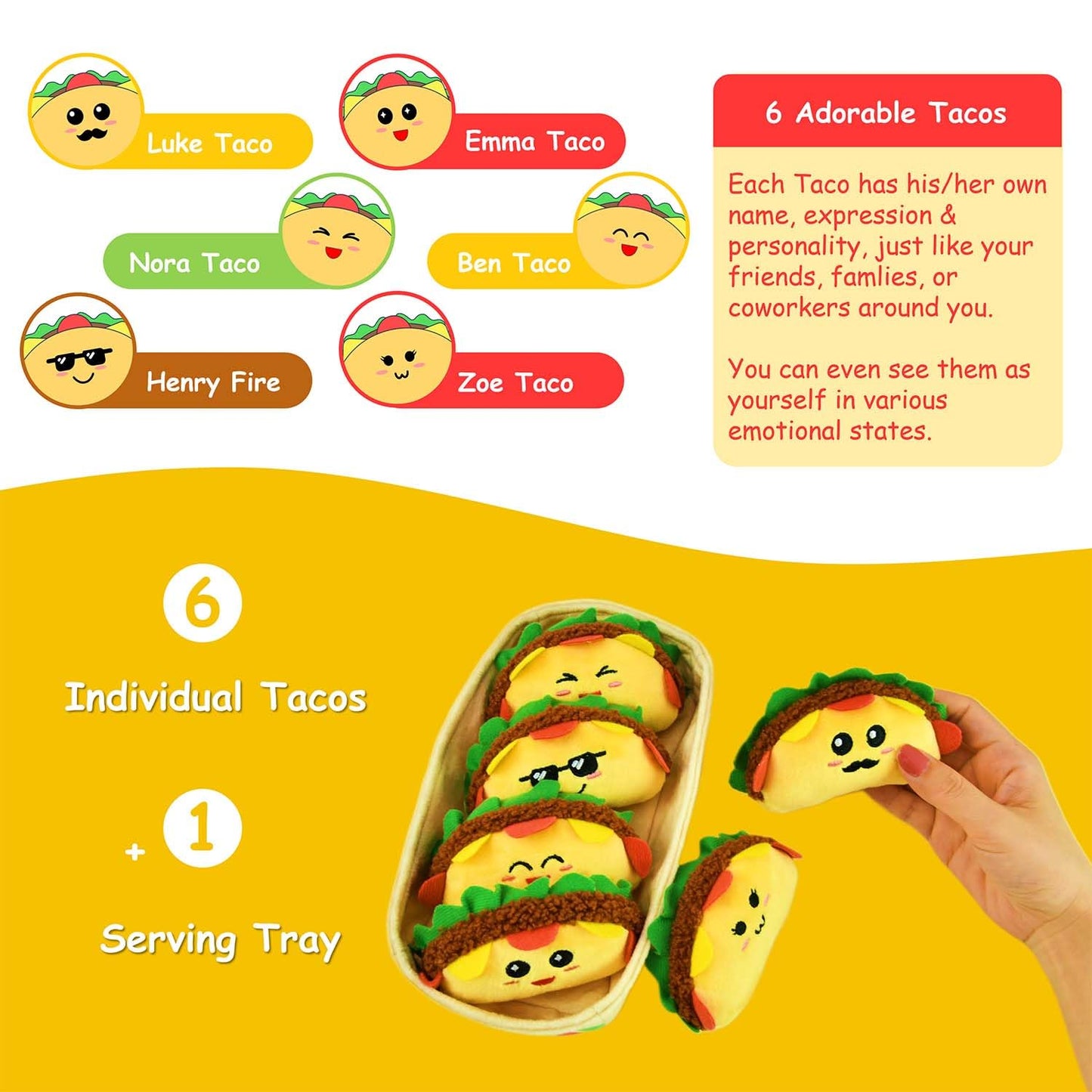 Kingwee Emotional Support Tacos Plush – 6 Tacos in a Soft Serving Tray