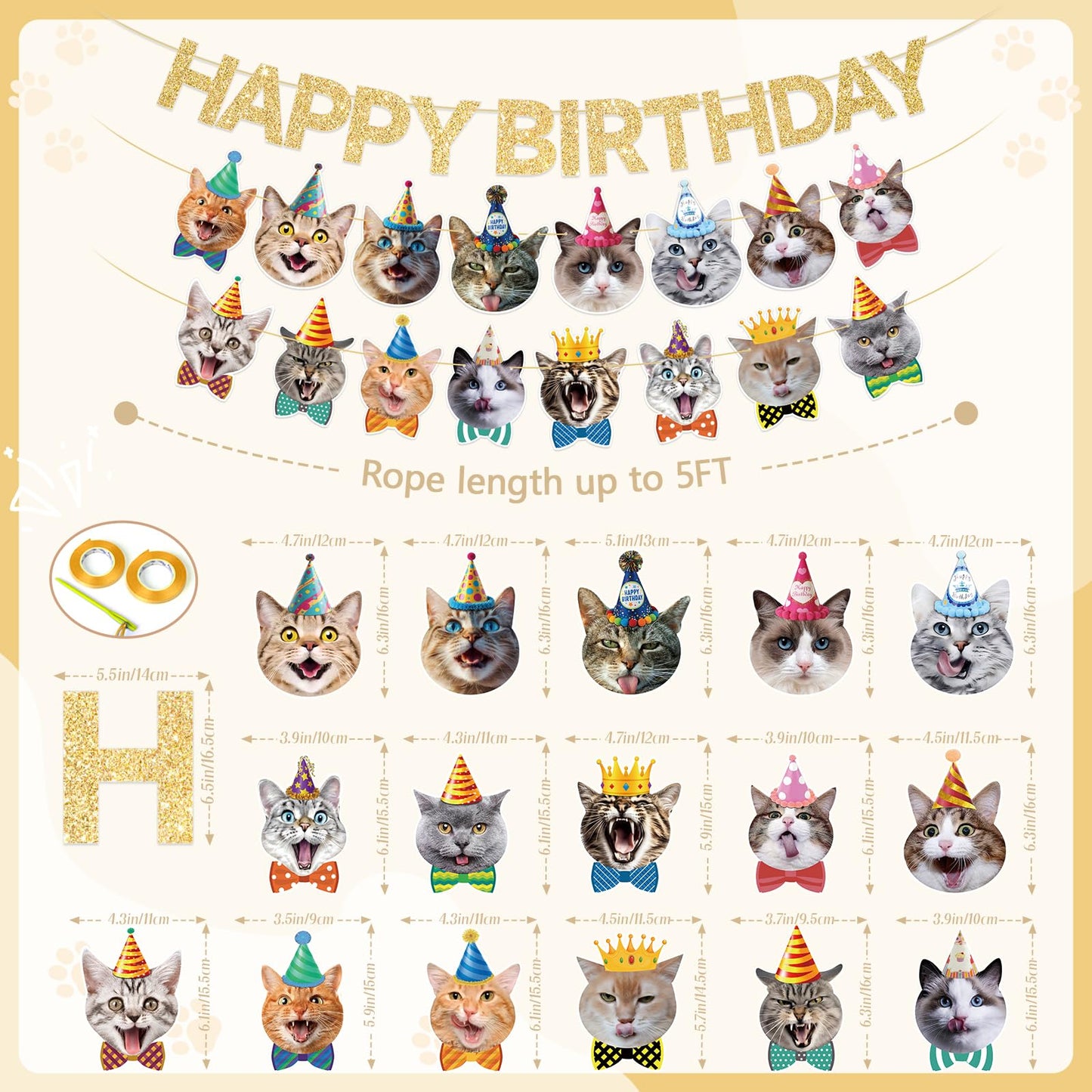 KingZone Cat Happy Birthday Banner - Cat Birthday Decorations for Kids, Boys & Girls