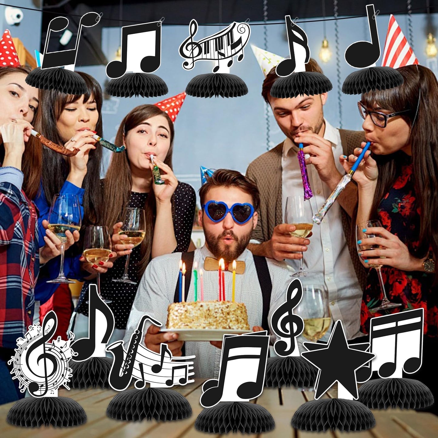 KINGZONE 12-Pack Music Notes Honeycomb Centerpieces – Musical Notes Birthday Party Decor