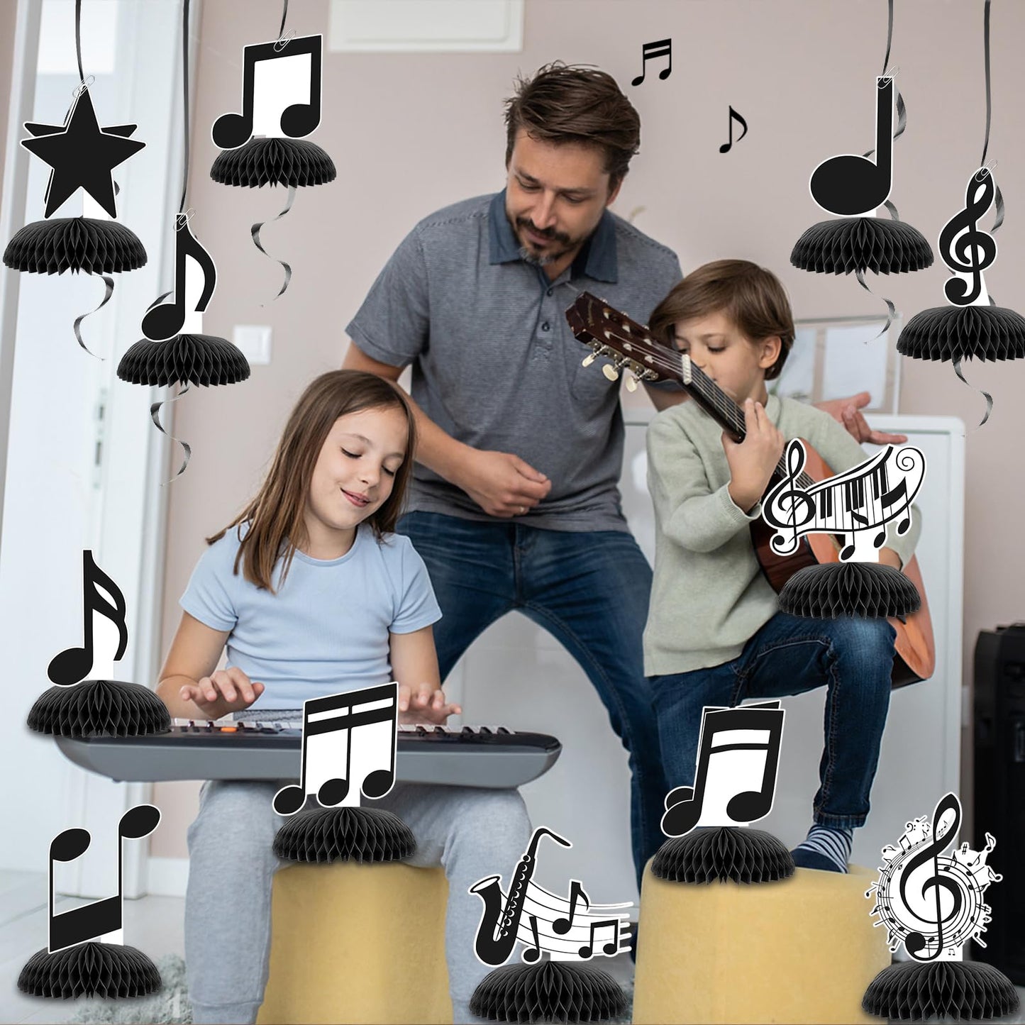 KINGZONE 12-Pack Music Notes Honeycomb Centerpieces – Musical Notes Birthday Party Decor