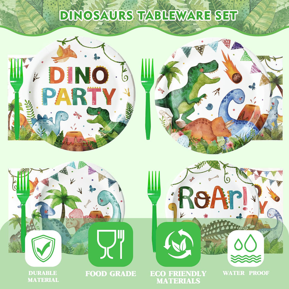 Kinovo 96 Pcs Dinosaur Plates & Napkins Tableware Set – Serves 24, Kids Birthday Party Supplies